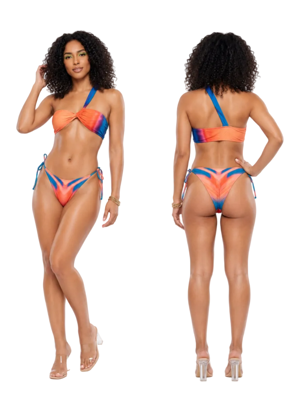 A model shown from the front and back wearing a bright tie-dye bikini with orange, blue, and yellow patterns. The image is set against a plain white studio background.