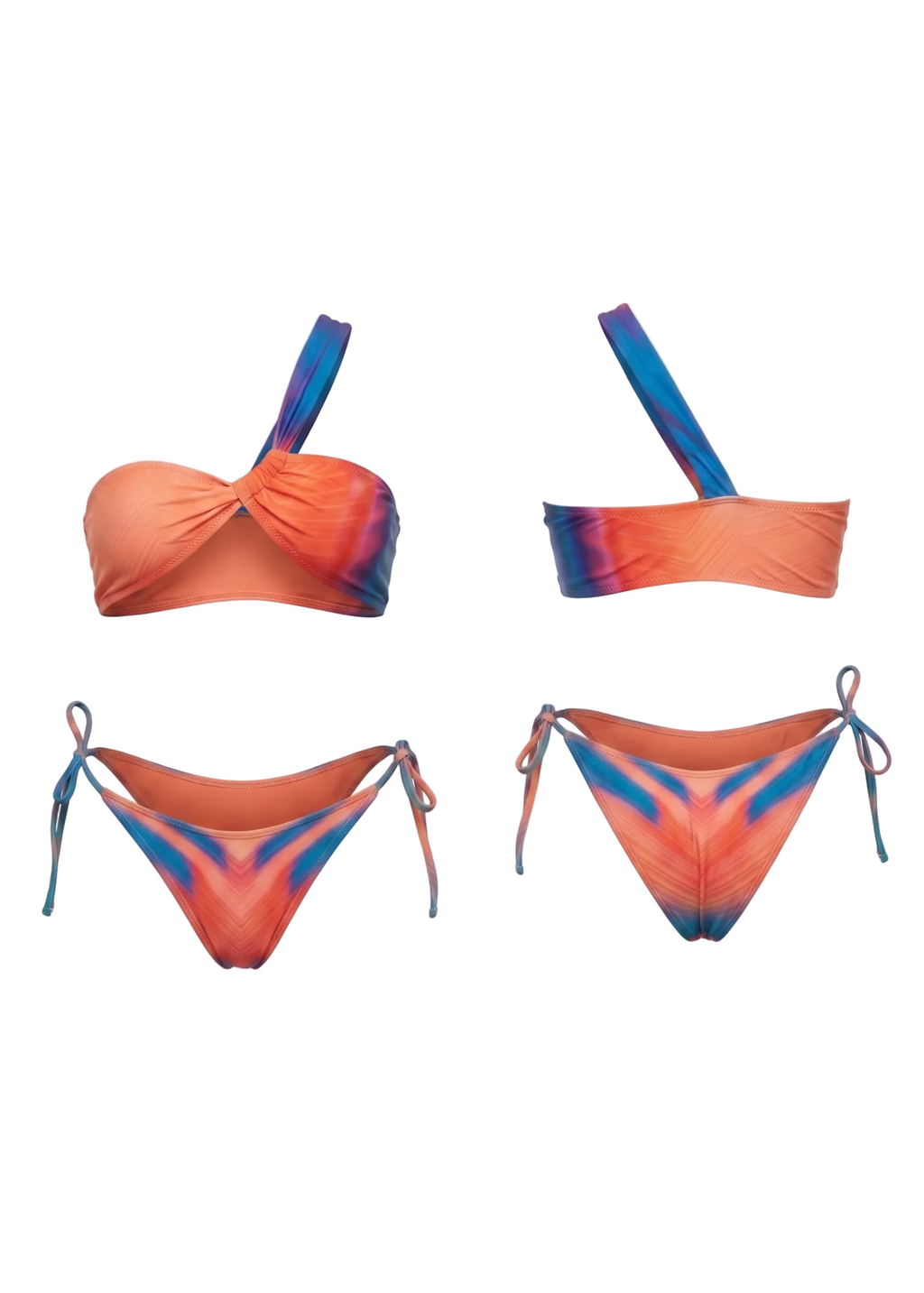 A two-piece bikini set shown from multiple angles on a plain light gray background. The bikini has a warm orange-peach base with bold blue and purple abstract streaks and gradients.