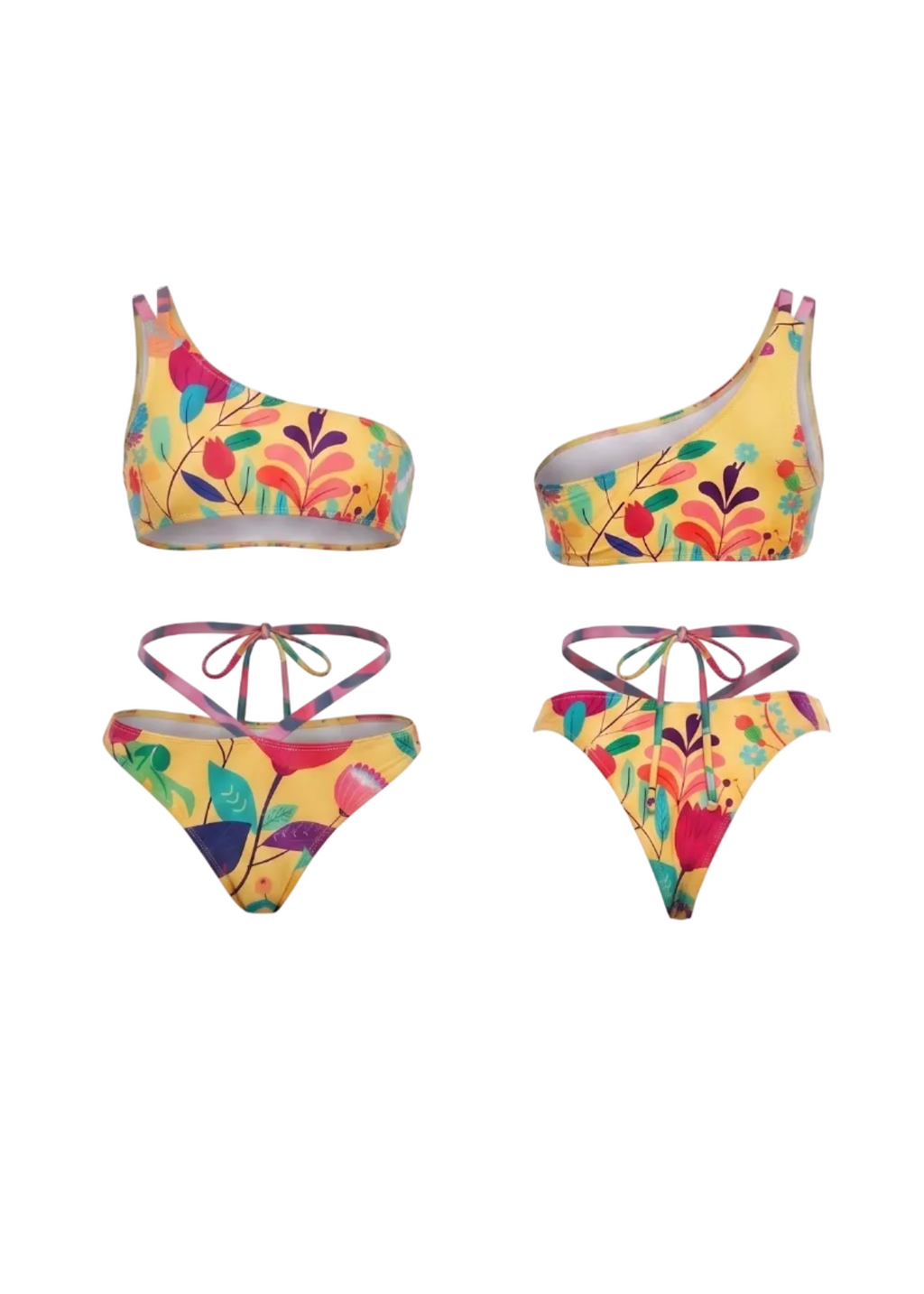 A two-piece bikini set shown from multiple angles on a plain white background. The set features a vibrant, multicolor floral and leaf pattern on a yellow base, with one side-cutout top and matching low-rise bottoms with tie straps.