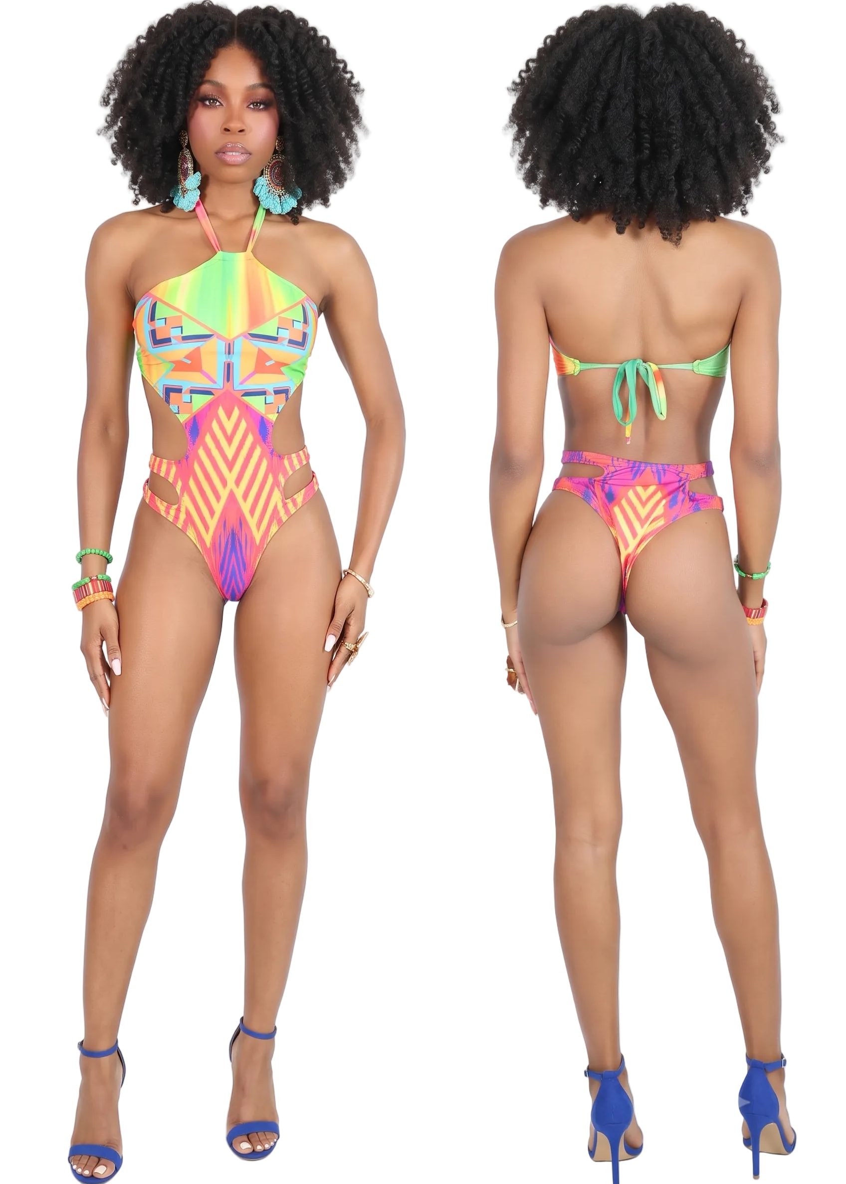 A model shown from the front and back wearing a bright multicolor geometric print one-piece swimsuit, paired with blue high-heeled sandals against a plain white studio background.