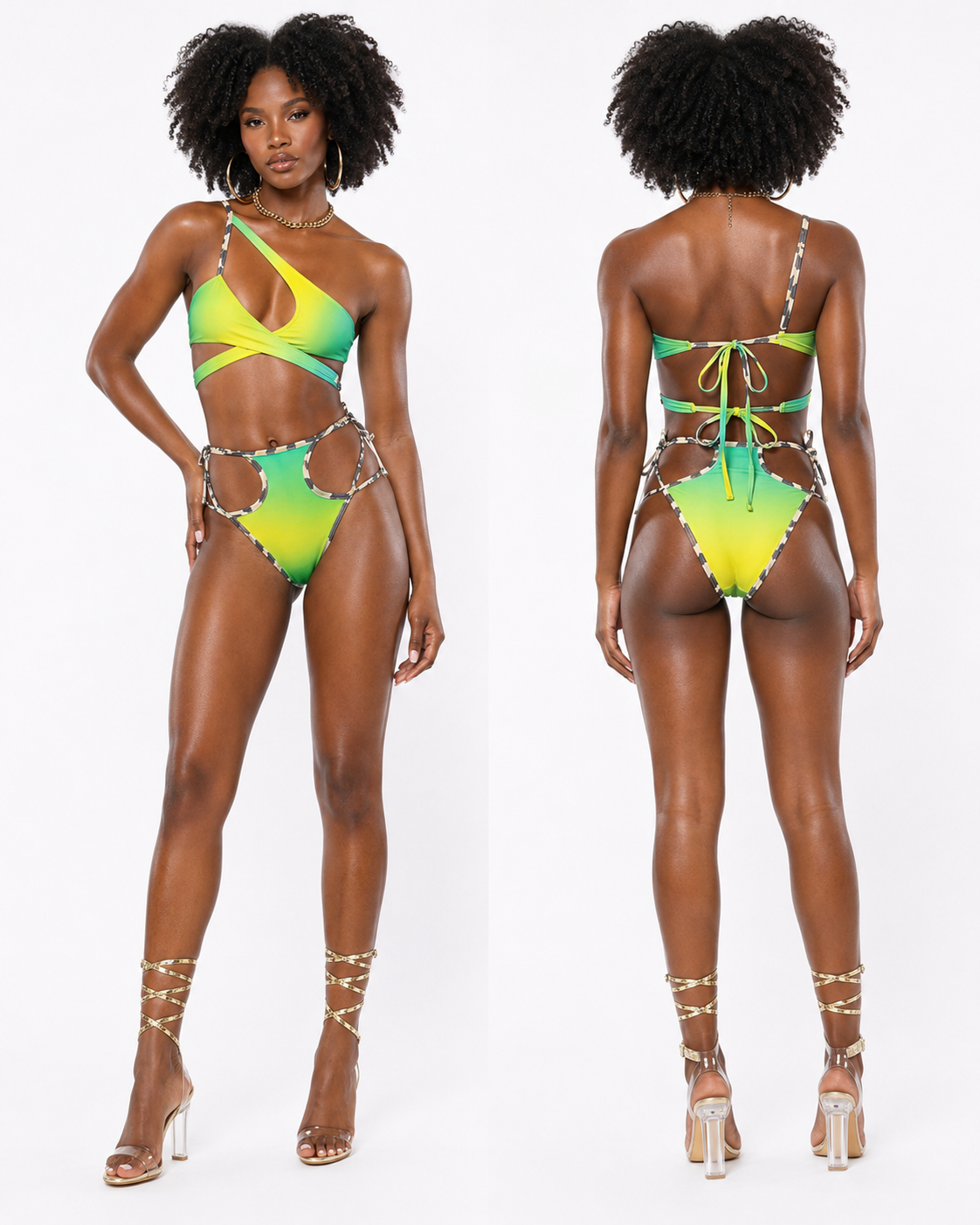 A model shown from the front and back wearing a bright neon green and yellow gradient cutout bikini with silver chain accents, paired with strappy high heels, against a plain white background.