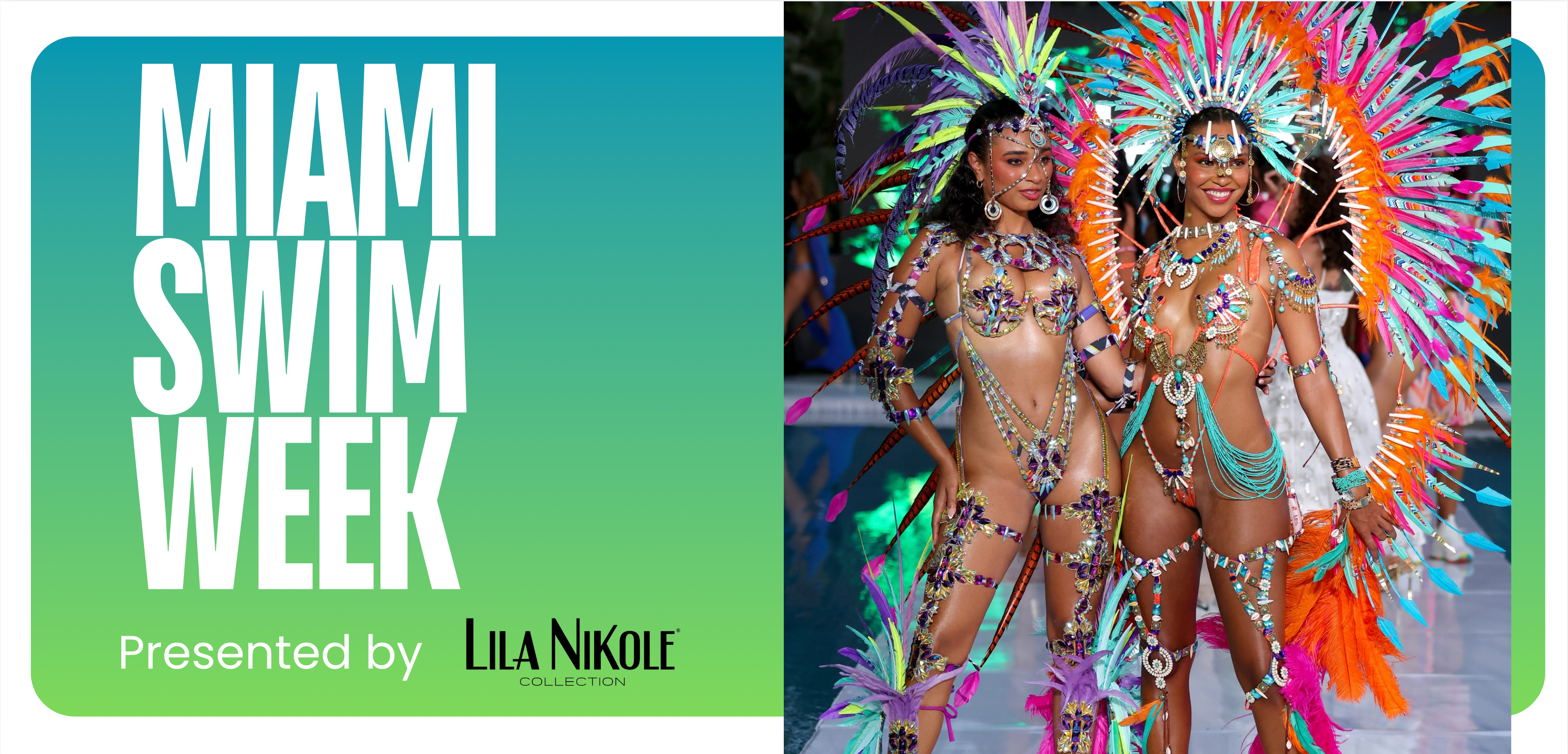 Miami Swim Week banner with two women in colorful swimwear costumes.