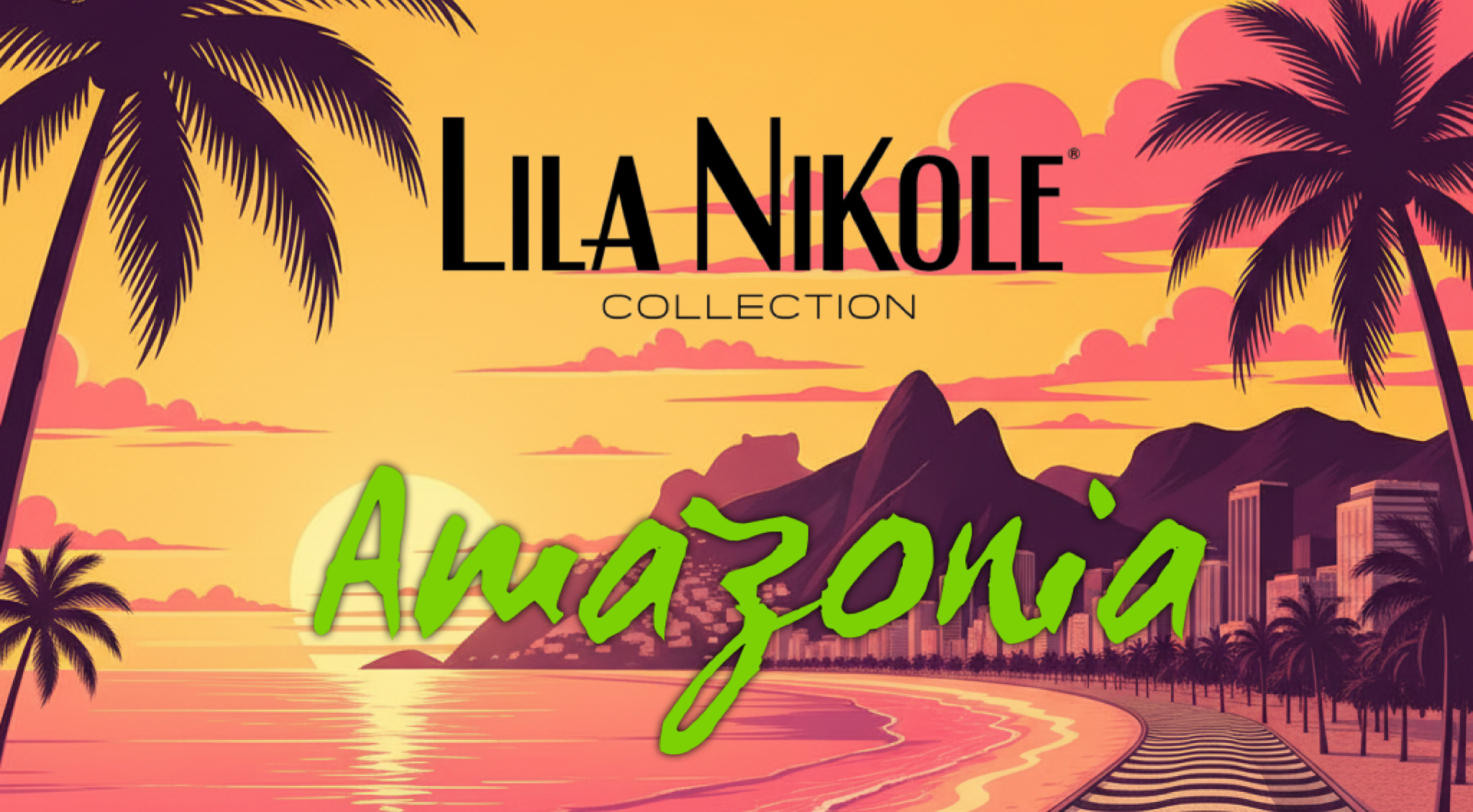 Album cover for 'Amazonia' by Lila Nikole Collection with a tropical design featuring palm trees and a beach.
