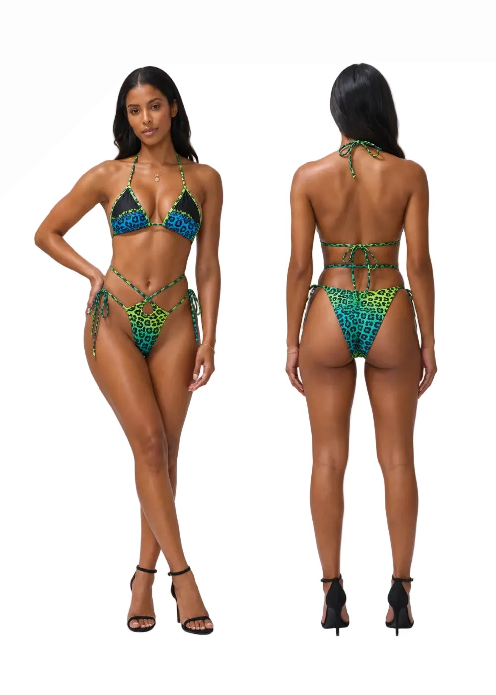 A model is shown from the front and back wearing a two-piece bikini set with a green and blue geometric pattern. The bikini features a triangle top, side-tie bottoms, and a matching string back.