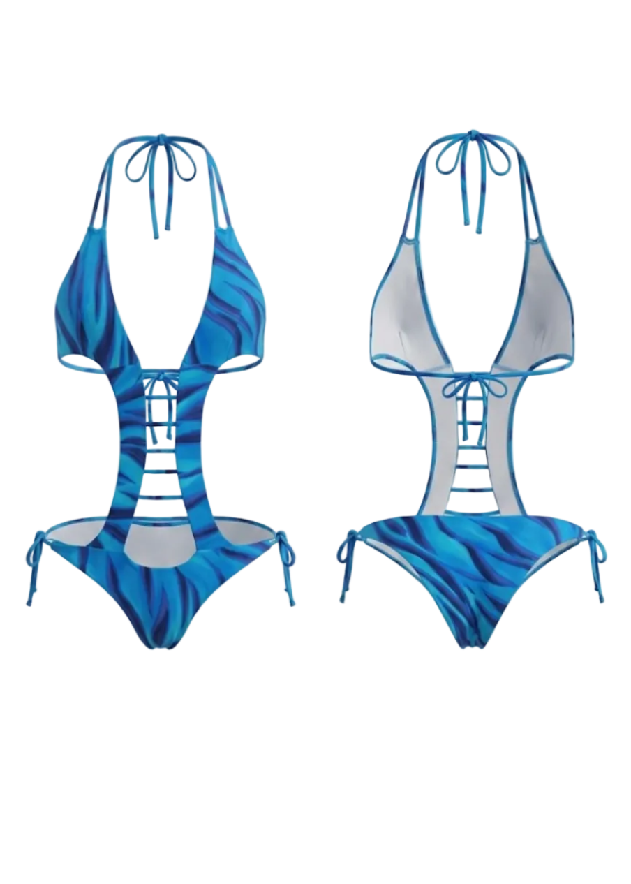 Blue and black tiger-striped bikini set shown from both front and back views against a light gray background.