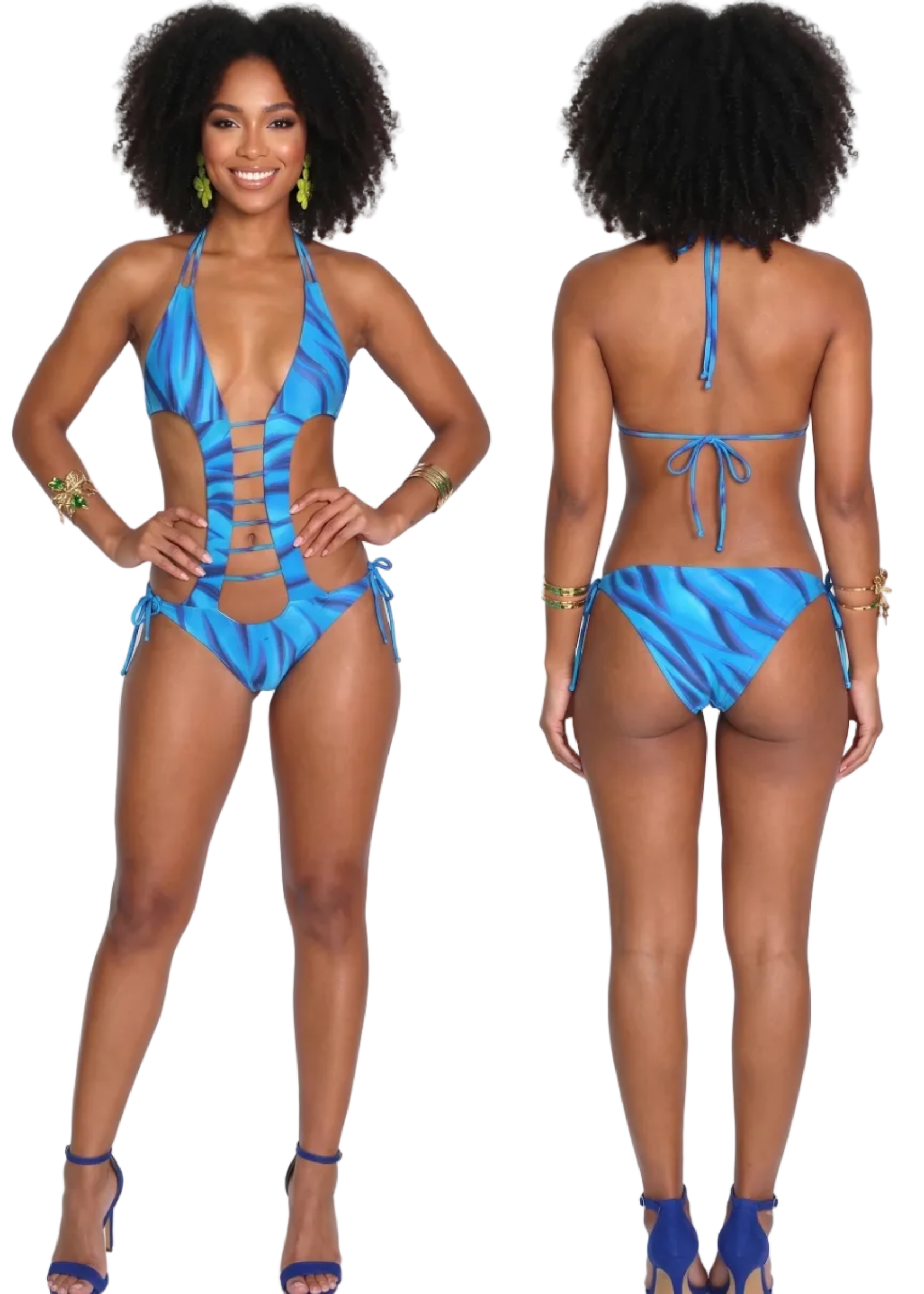 A woman modeling a bright blue bikini with a shiny satin-like finish, shown from both the front and back against a plain white studio background.