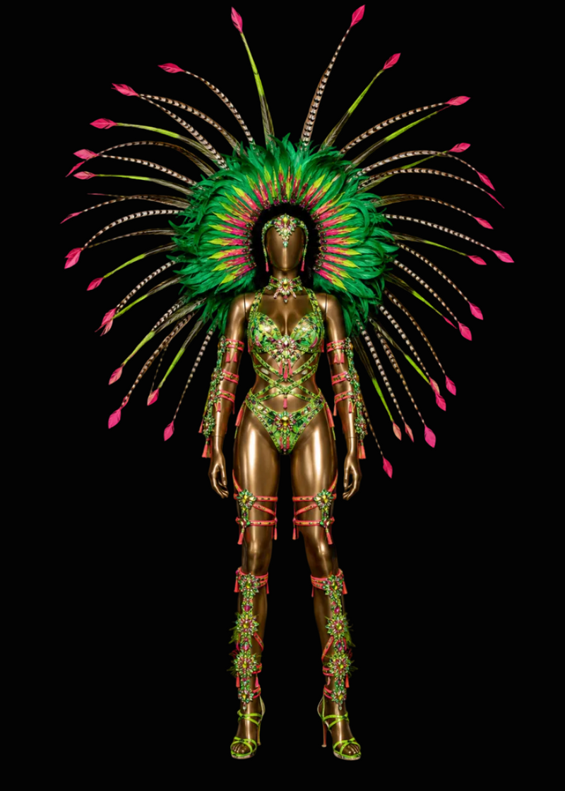 A full-body model wearing a highly ornate carnival-style costume with a large feathered headdress, jeweled bodysuit, matching leg coverings, and metallic gold body paint against a black background.