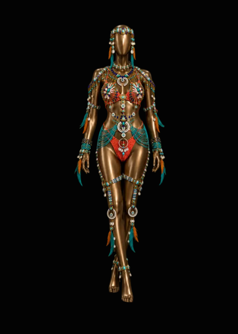 A metallic bronze female mannequin wearing an ornate turquoise, red, white, and gold body jewelry set, photographed against a solid black background.