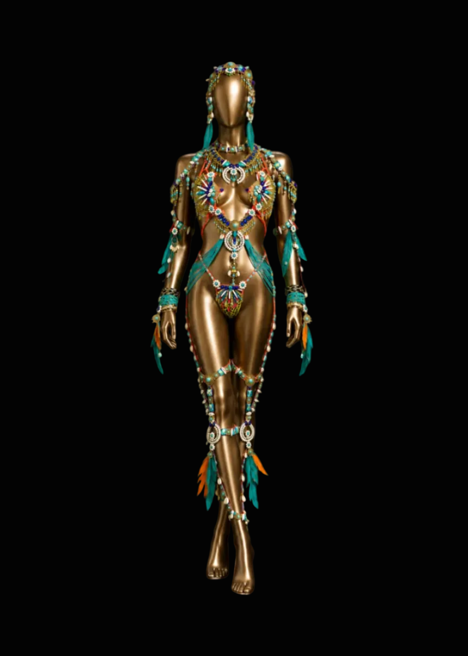 A full-body metallic gold mannequin wearing an ornate turquoise, blue, and gold body jewelry set with feather-like accents, photographed against a solid black background.