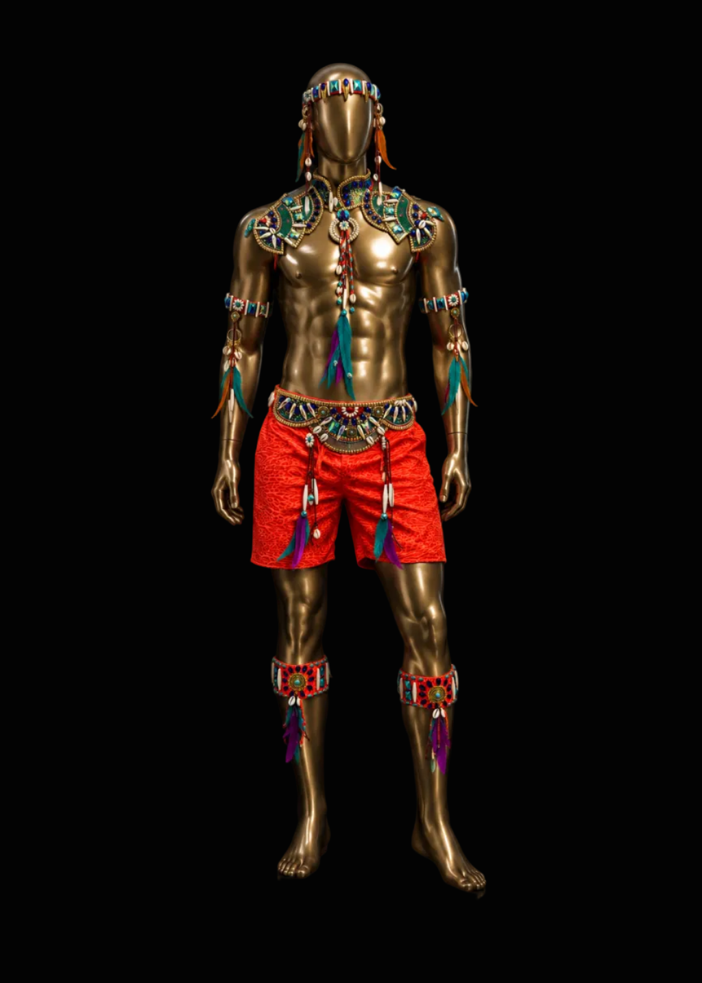 A metallic gold mannequin torso and legs wearing bright red patterned shorts with colorful beaded necklaces, armbands, and leg cuffs, photographed against a solid black background.