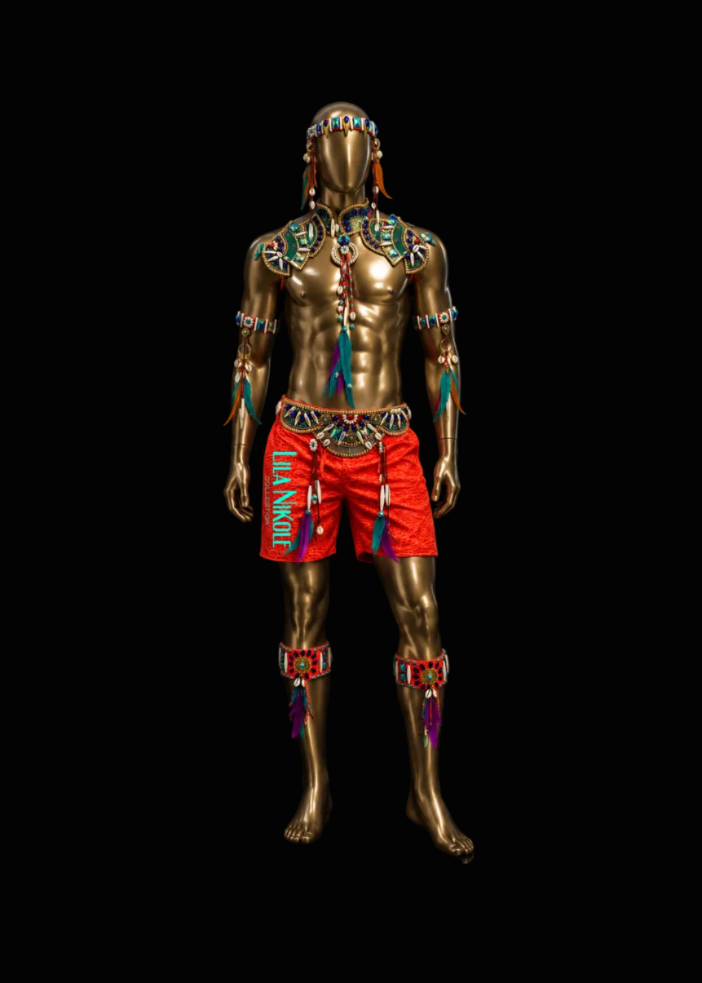 A metallic gold mannequin torso wearing bright red shorts with turquoise and multicolor decorative trim, a matching headband, and colorful neck and arm jewelry, photographed against a black background.