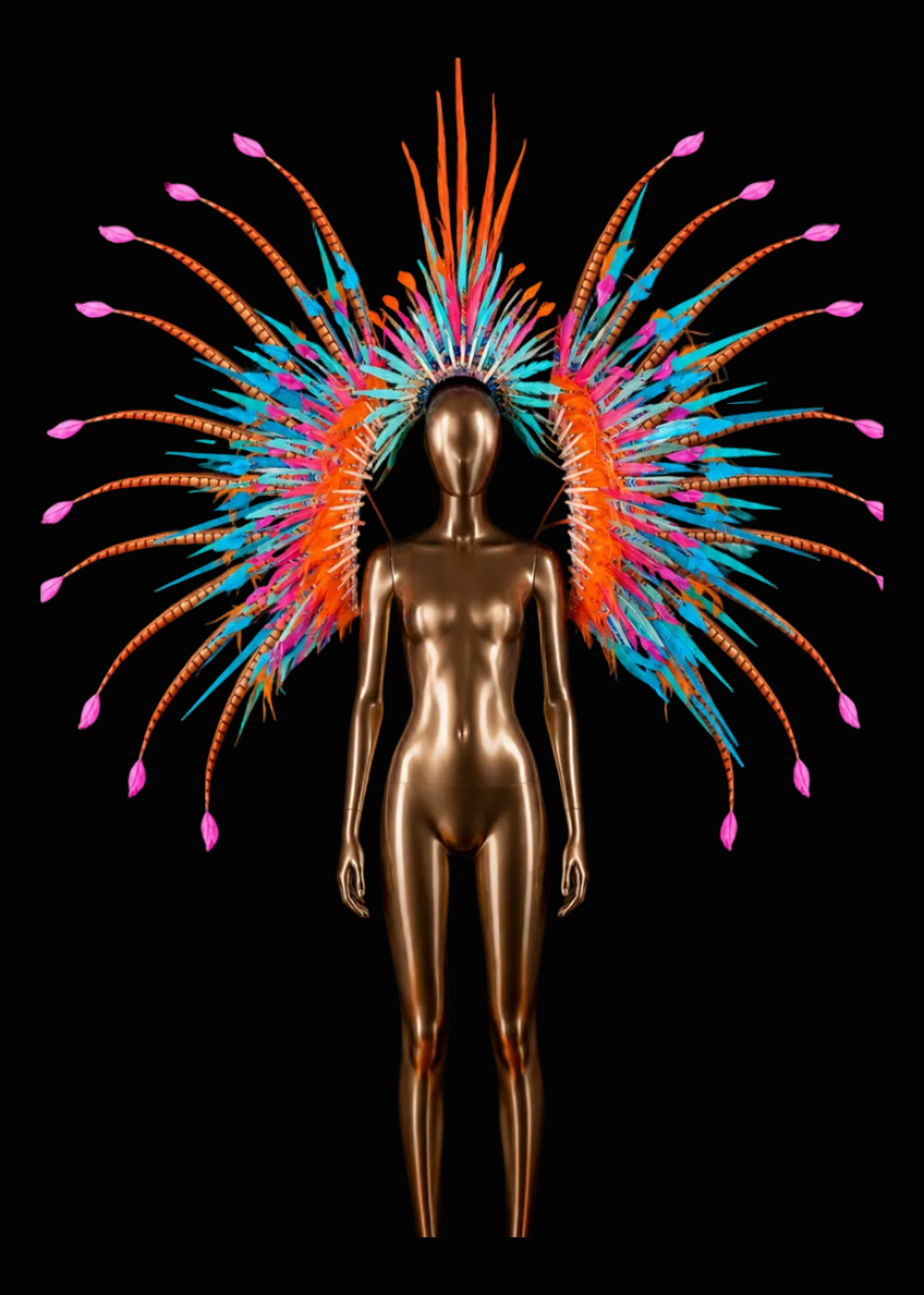 A metallic gold mannequin stands against a solid black background, wearing a large, elaborate feathered headdress with bright turquoise, orange, and pink accents.