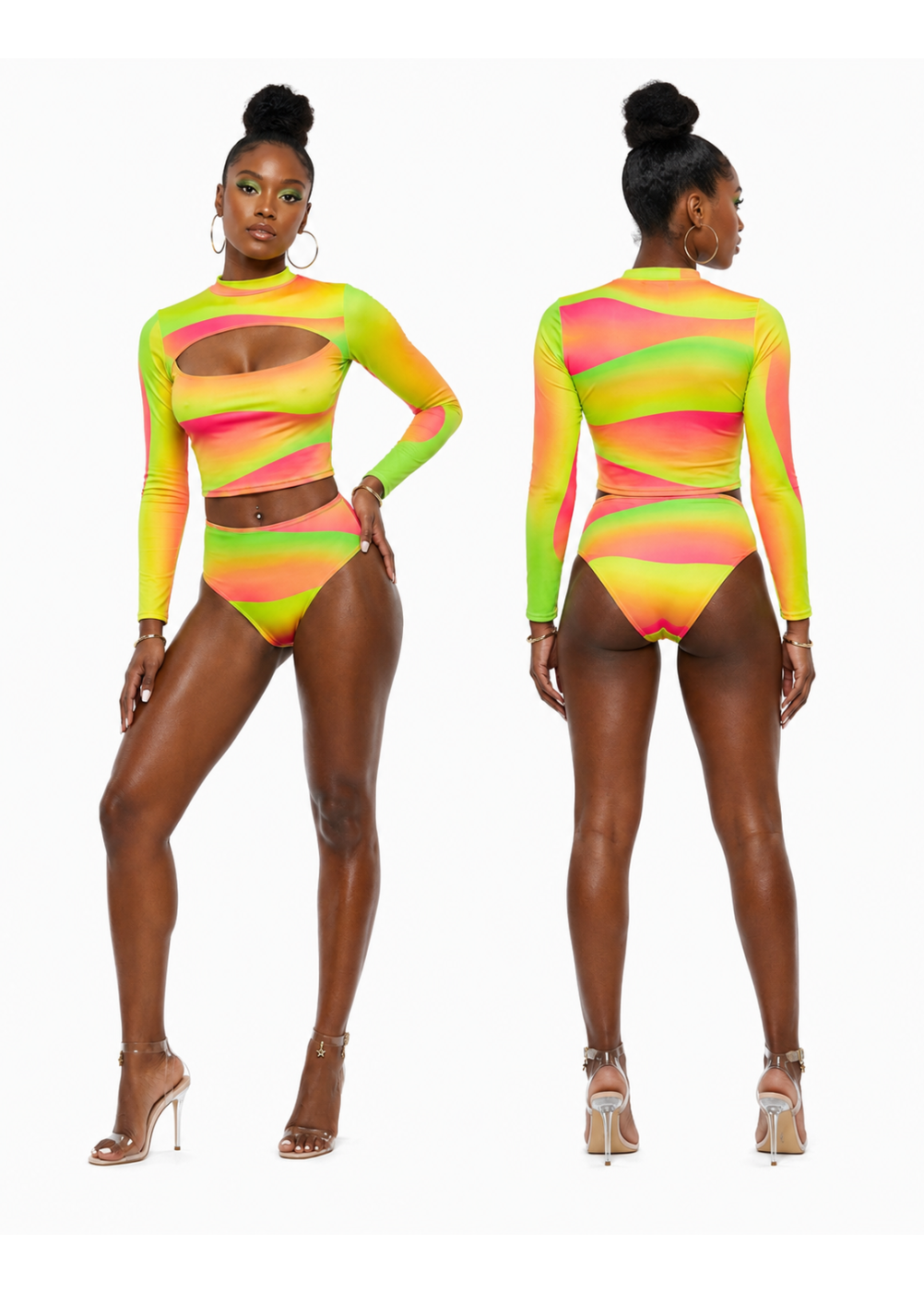 A model shown from the front and back wearing a neon multicolor two-piece swimsuit with a long-sleeve crop top and matching bikini bottoms, set against a plain white background.