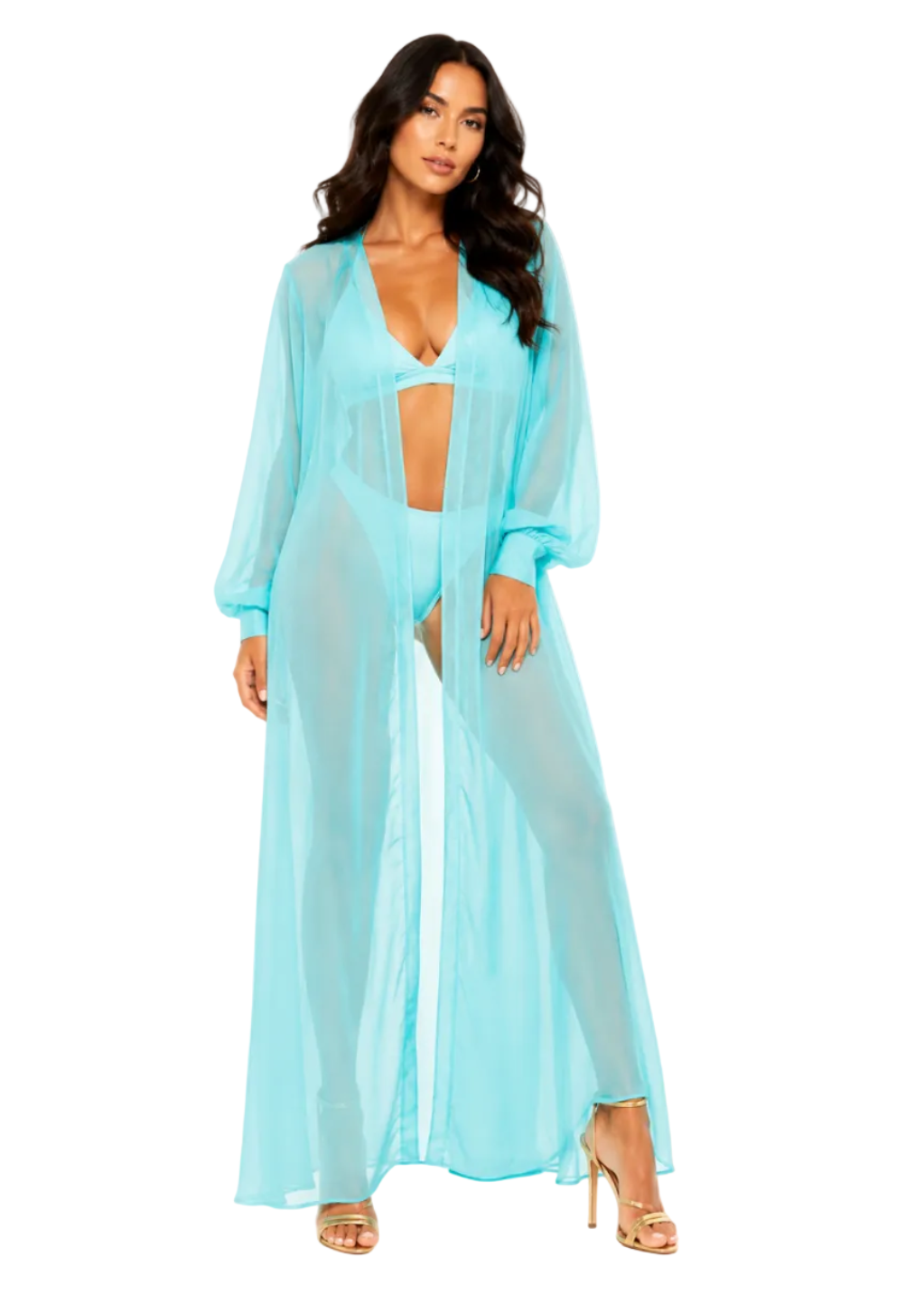 A woman modeling a sheer light blue maxi cover-up with a deep V-neckline and front slit, worn over matching high-slit bikini bottoms, against a plain white studio background.