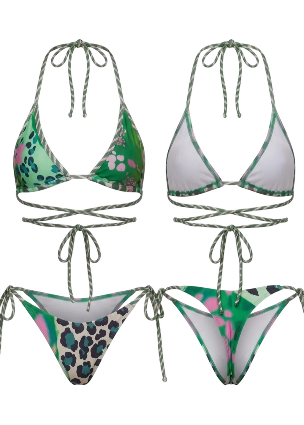 Four-piece bikini set shown in two colorways: one with green, white, and pink floral print with leopard print bottoms, and one with solid white and green trim. Both feature green rope halter necks and waist ties.
