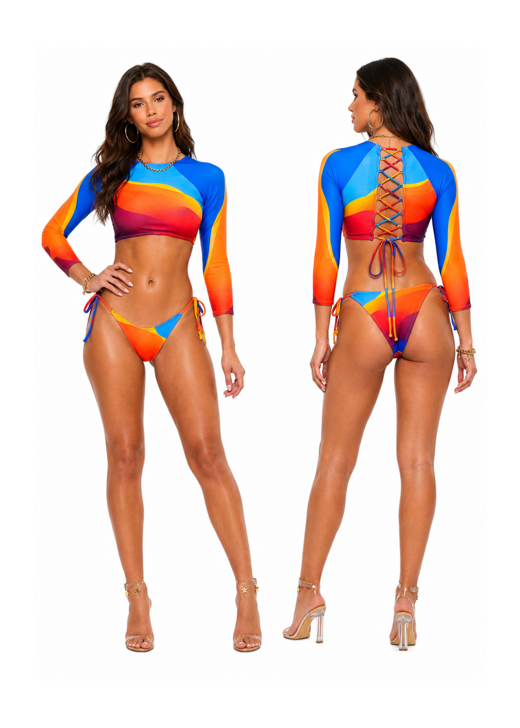 A woman modeling a bright multicolor long-sleeve bikini set, shown from both the front and back views against a plain white background.