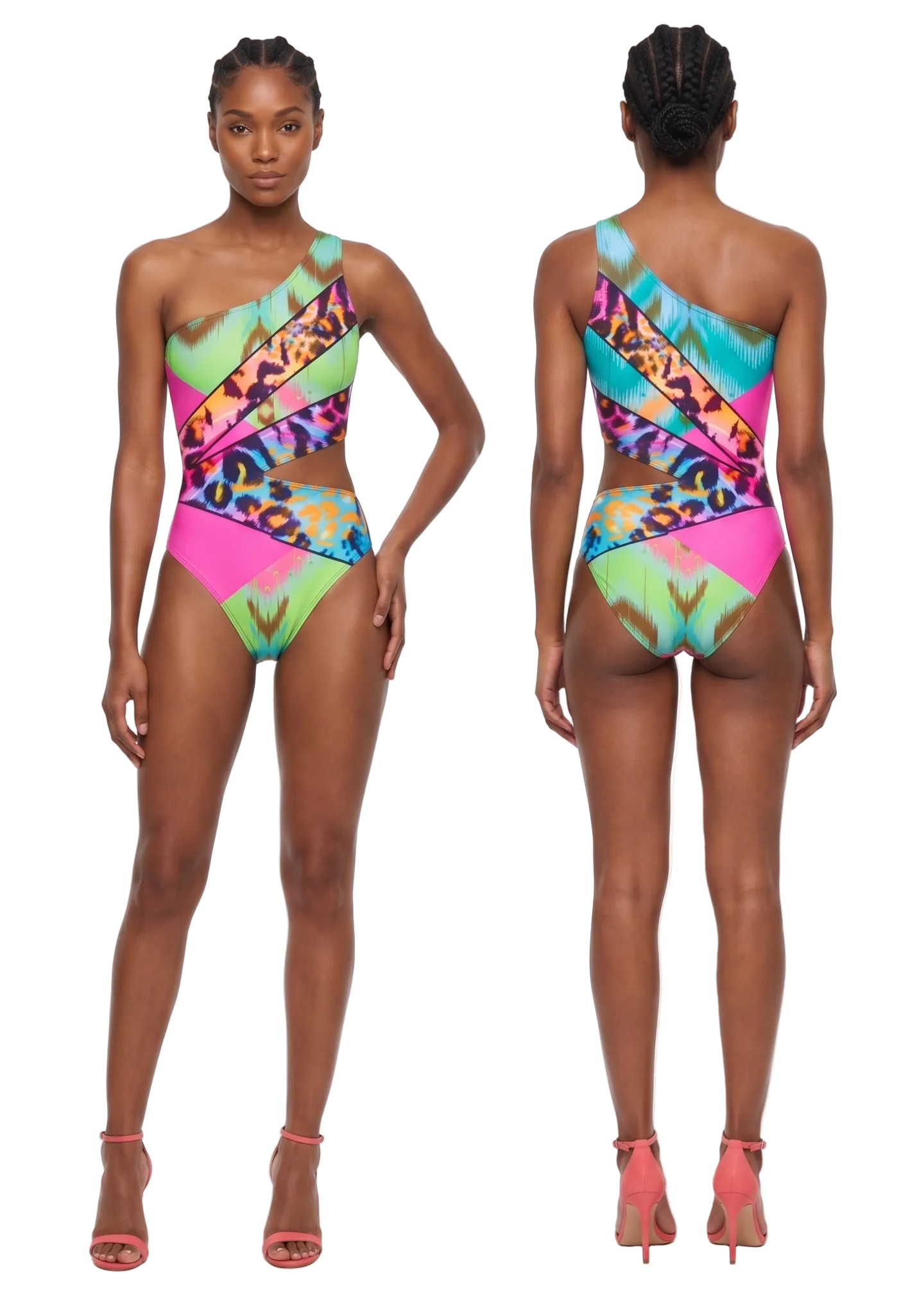 A model shown from the front and back wearing a one-shoulder swimsuit with a vibrant multicolor abstract print and leopard print panels, paired with pink high-heeled sandals against a white studio background.