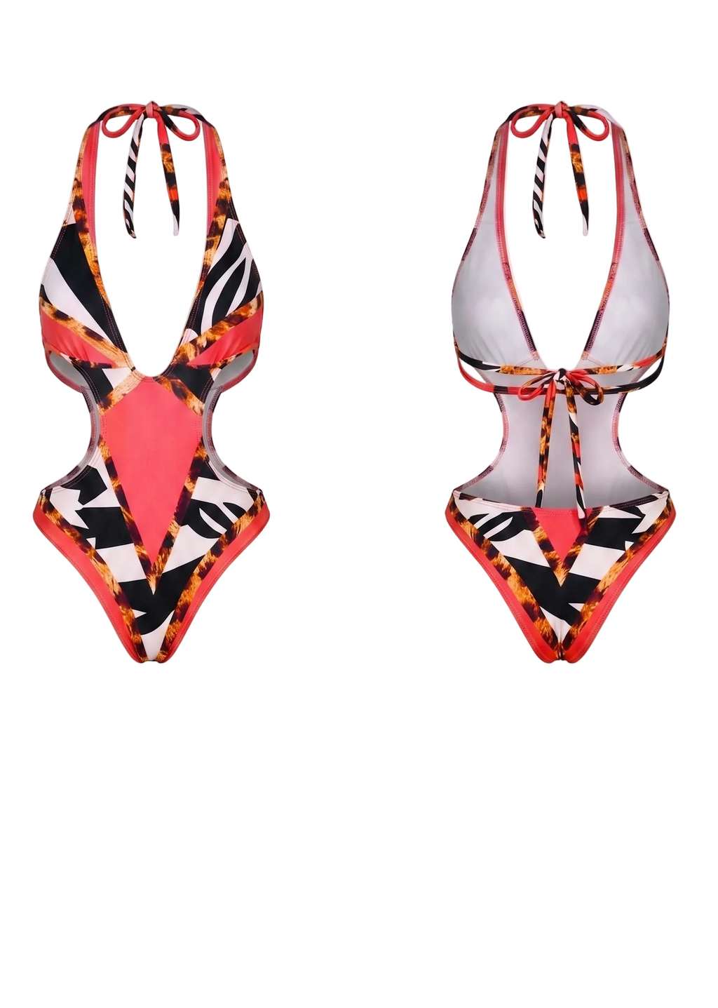 A two-piece swimsuit shown from the front and back against a light gray background. The swimsuit features a bold abstract pattern of black, white, and bright coral-red, with thin black-and-white striped shoulder ties.