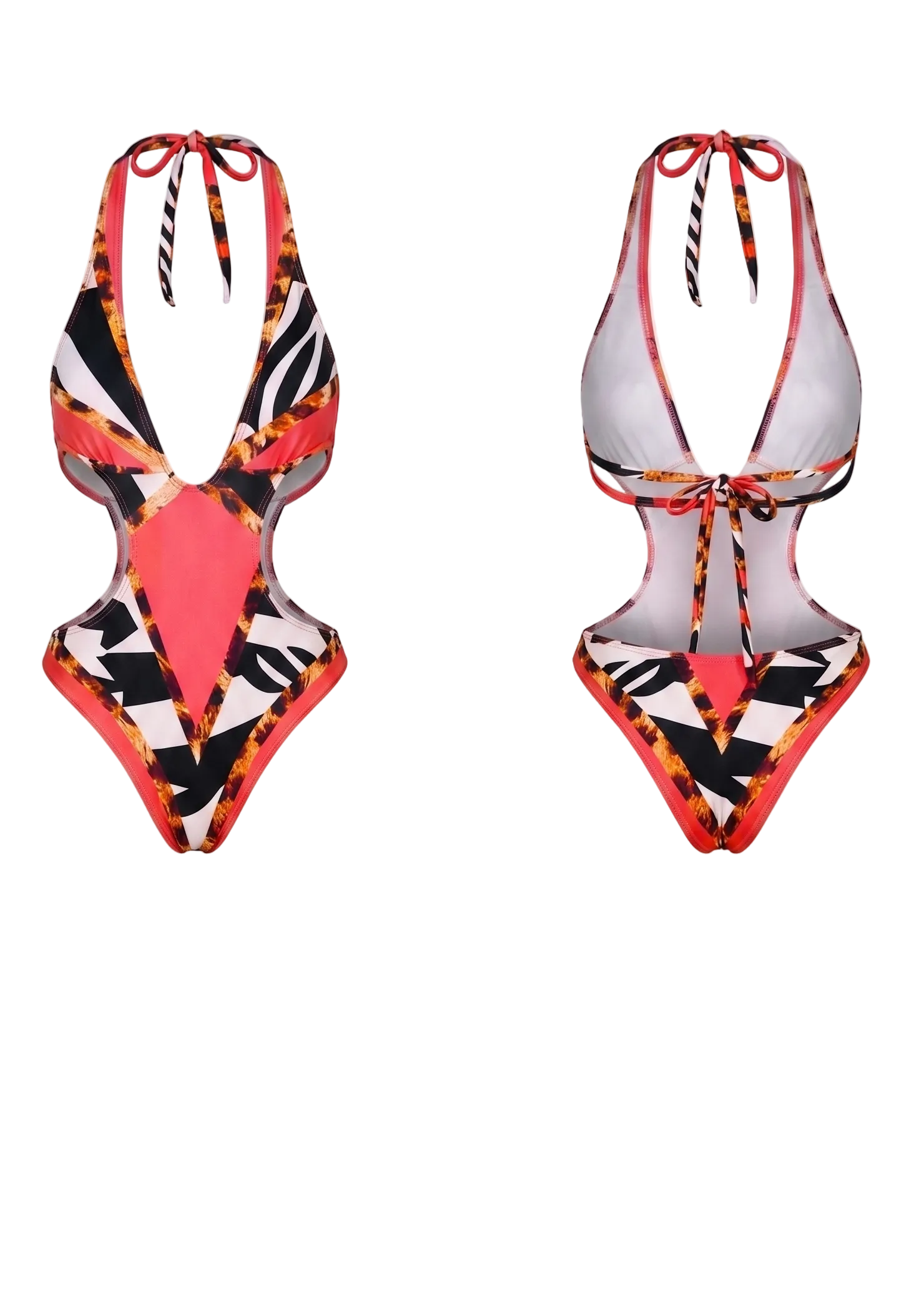 A two-piece swimsuit shown from the front and back against a light gray background. The swimsuit features a bold abstract pattern of black, white, and bright coral-red, with thin black-and-white striped shoulder ties.