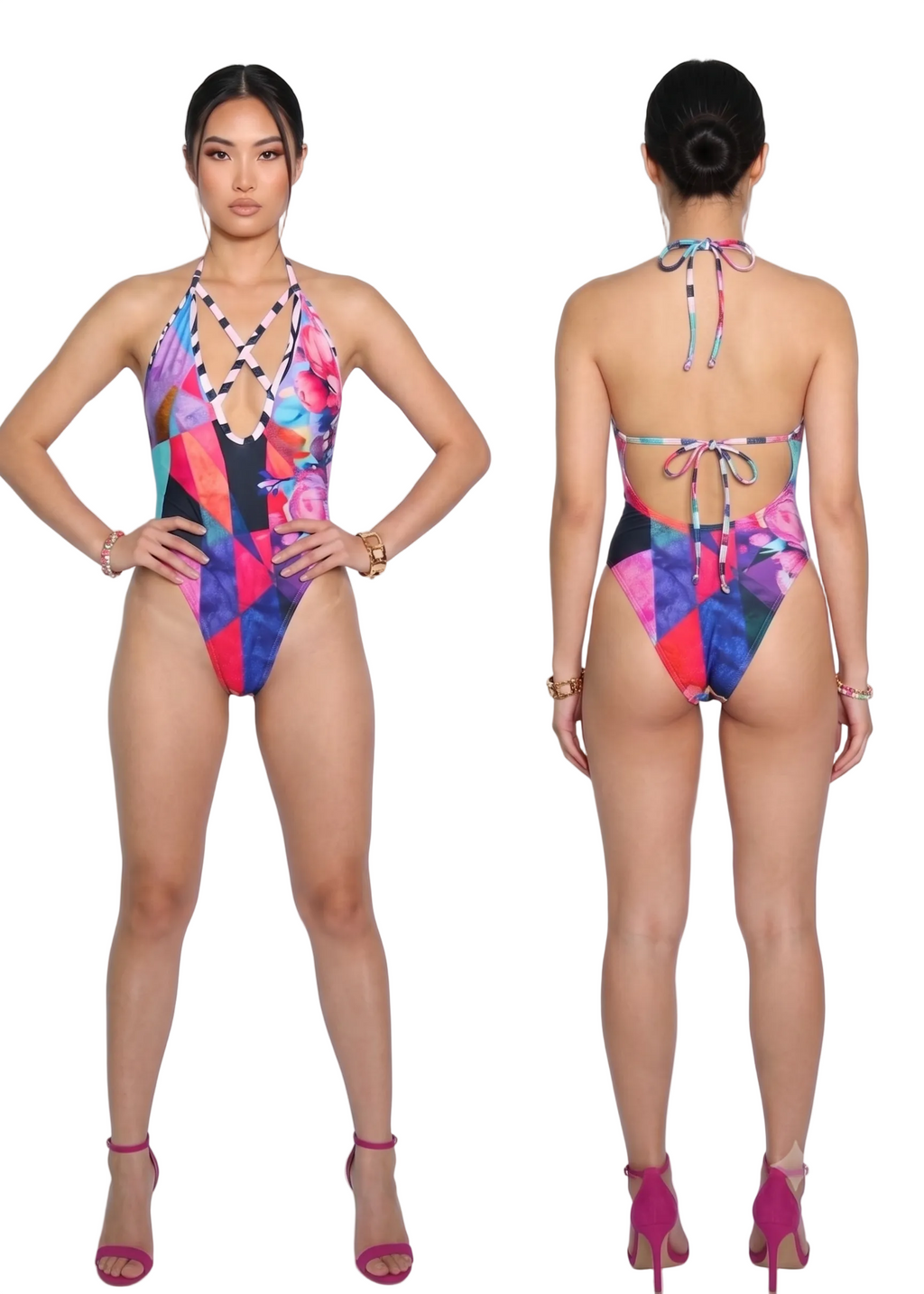 A model shown front and back wearing a colorful geometric print one-piece swimsuit with tie-back straps, paired with pink high-heeled sandals, against a plain white studio background.