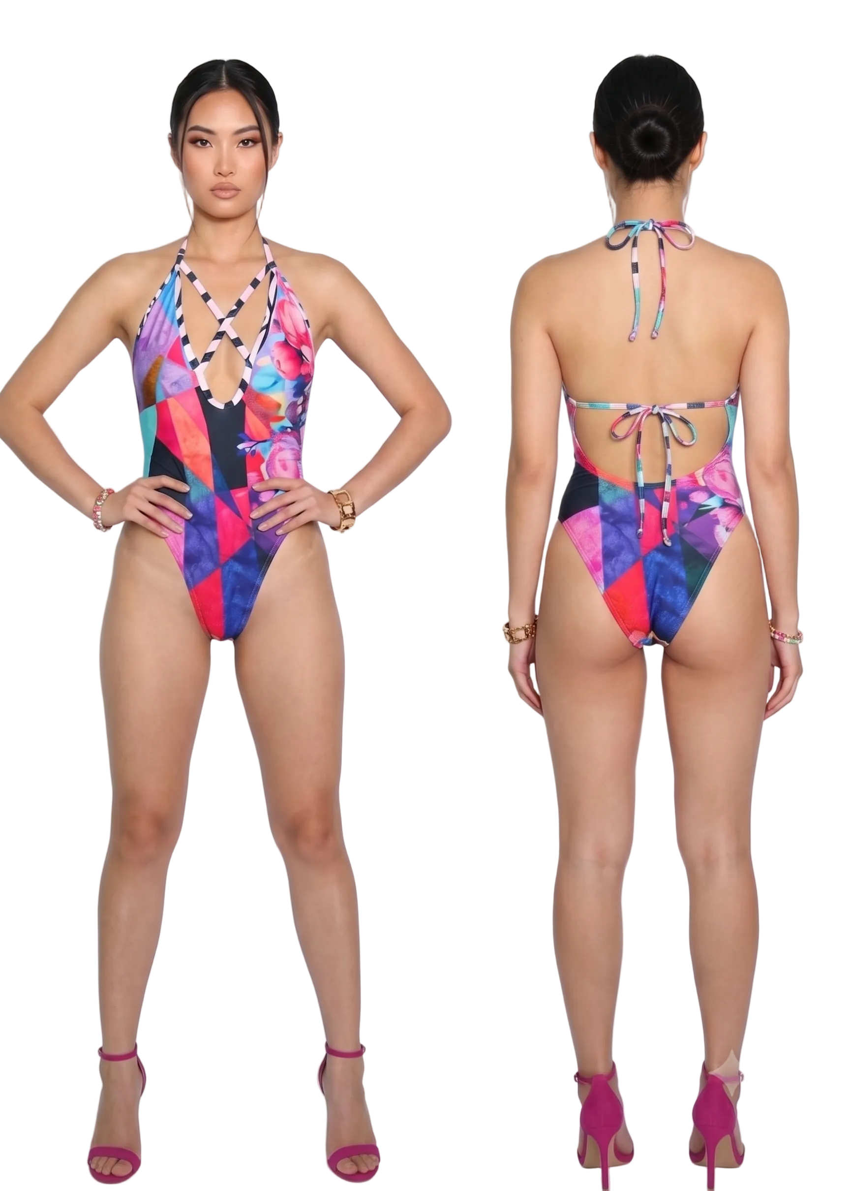 A model shown front and back wearing a colorful geometric print one-piece swimsuit with tie-back straps, paired with pink high-heeled sandals, against a plain white studio background.