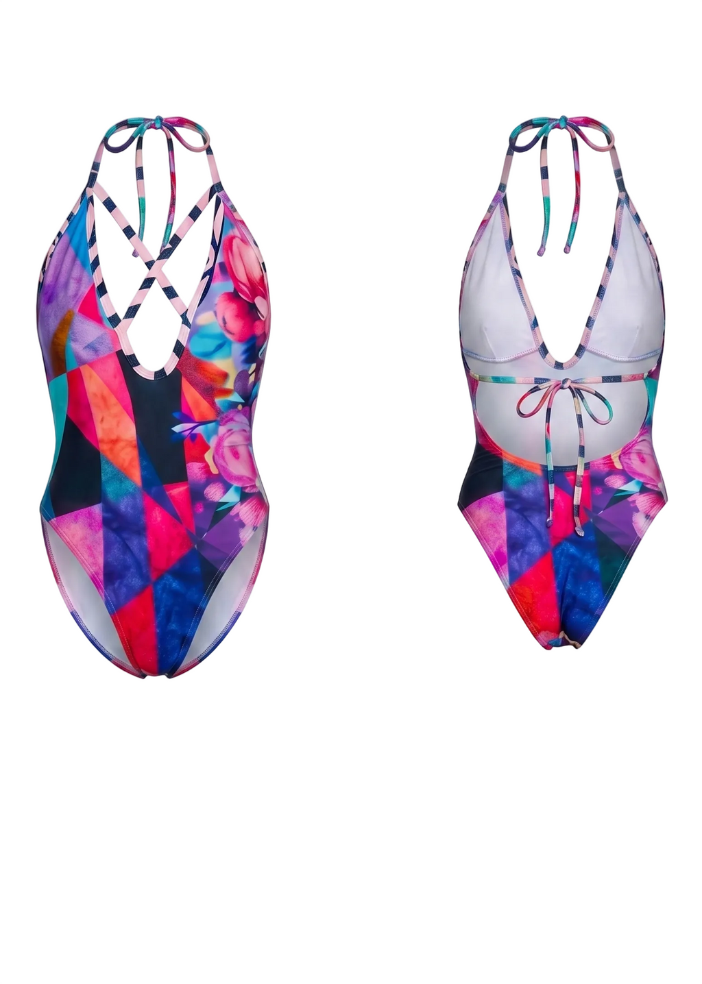 A two-piece swimsuit set shown flat against a white background, featuring a vibrant multicolor geometric print on the one-piece and a matching two-piece set with a white halter top and tie-waist bottoms.