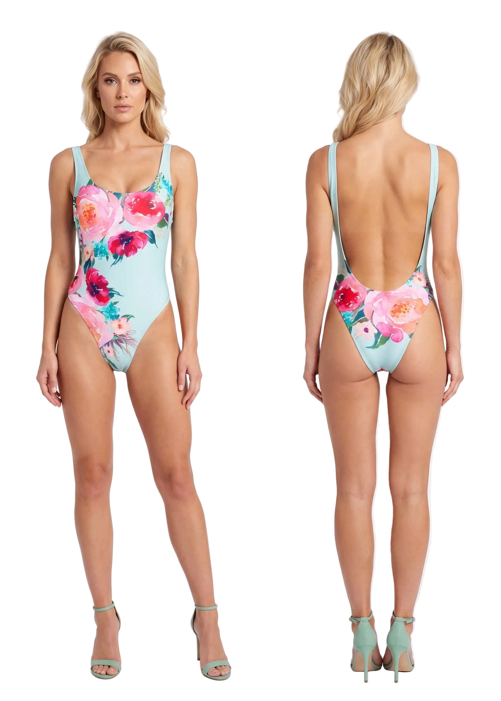 A model shown front and back wearing a one-piece swimsuit with a light blue base and a vibrant pink, red, and green floral print. The swimsuit features a low open back with thin straps.