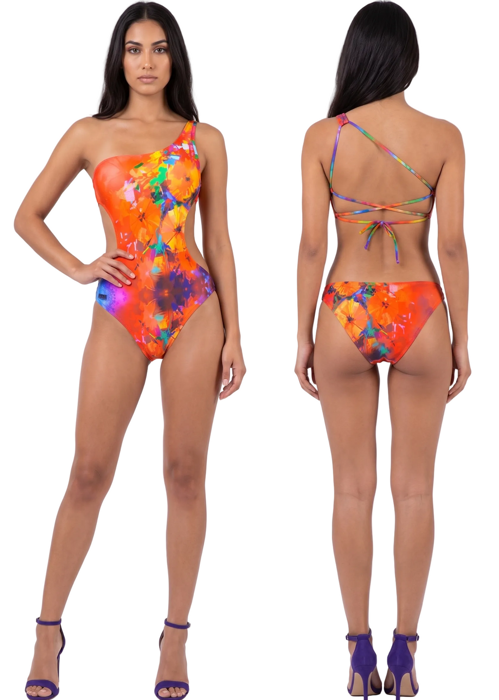 A model shown from the front and back wearing a one-piece swimsuit with a bright orange, red, and yellow floral print and multicolor tie straps, paired with purple high heels against a white studio background.
