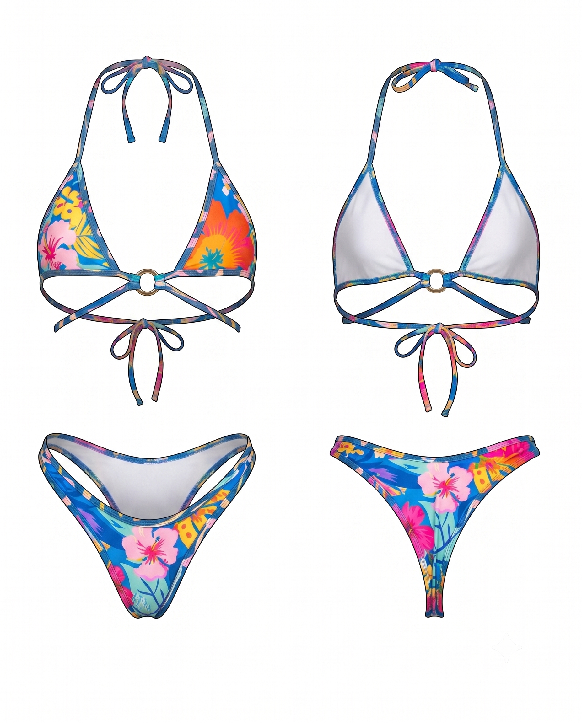 Four-piece bikini set shown from multiple angles on a plain white background, featuring a vibrant tropical floral print with blue, pink, orange, and yellow tones.