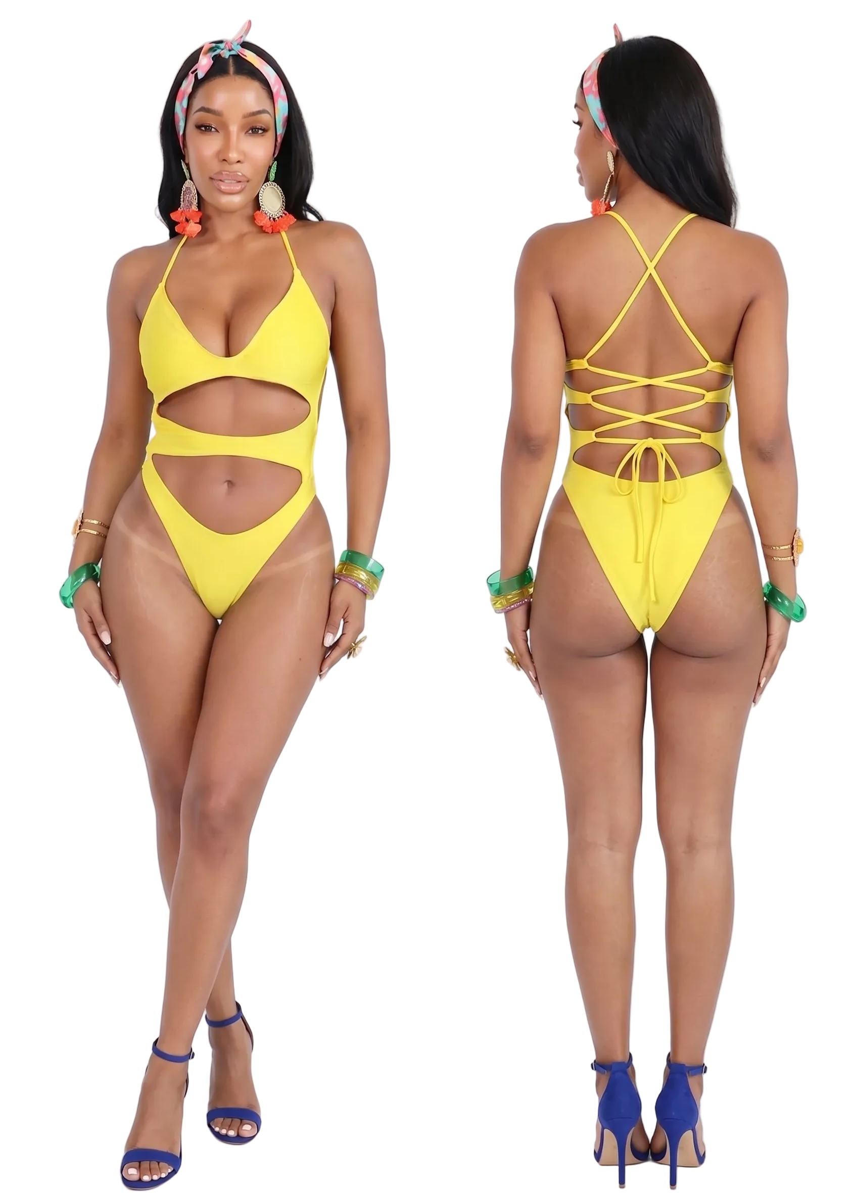 A model is shown from the front and back wearing a bright yellow two-piece swimsuit with cutouts and crisscross back straps, styled with a pink and blue headband, colorful earrings, green bracelets, and blue high heels against a plain white background.