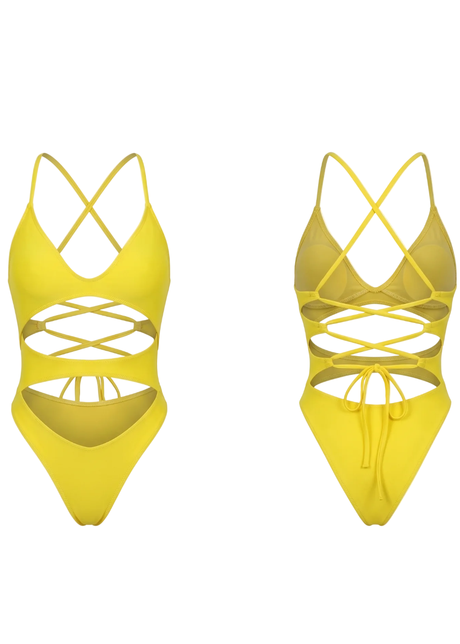 Yellow one-piece swimsuit shown from both front and back views, featuring crisscross shoulder straps, a cutout crisscross waist design, and a tie-front detail, displayed on a clean white background.