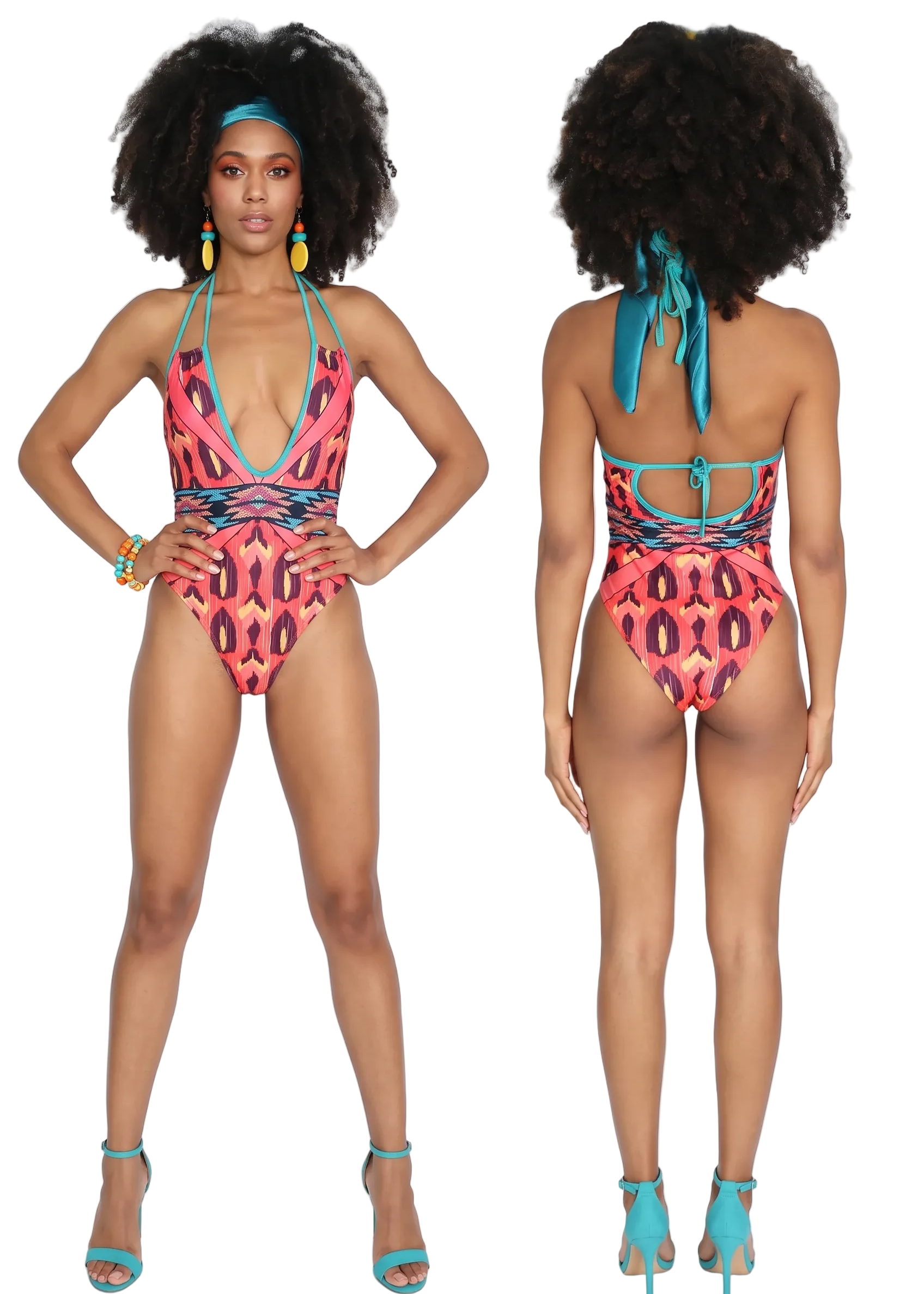 A model shown from the front and back wearing a vibrant pink, teal, and black patterned one-piece swimsuit. The swimsuit features a bold abstract print with halter-style straps and tie-back details.