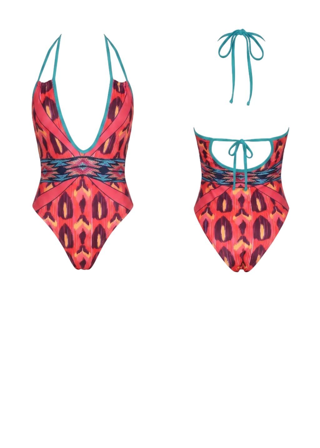 A two-piece swimsuit set displayed flat against a white background, featuring a one-piece with a split neckline and a matching bikini top with tie straps. The swimsuit has a vibrant pink and orange abstract pattern with teal blue trim and straps.