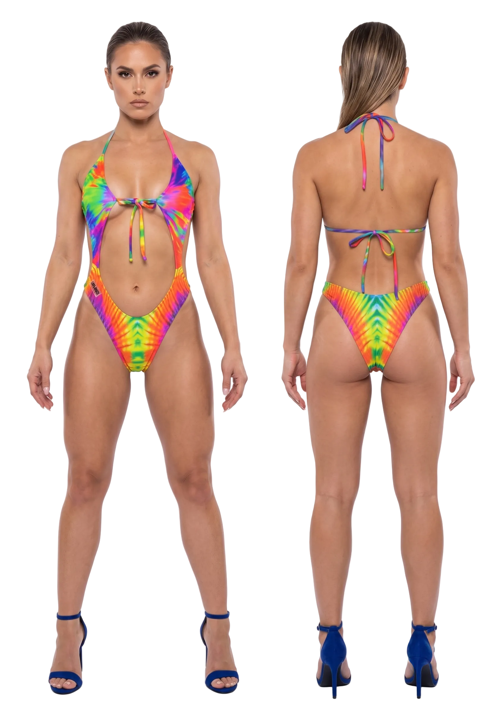 A model shown from the front and back wearing a bright rainbow tie-dye one-piece bikini with blue high heels, against a plain white studio background.