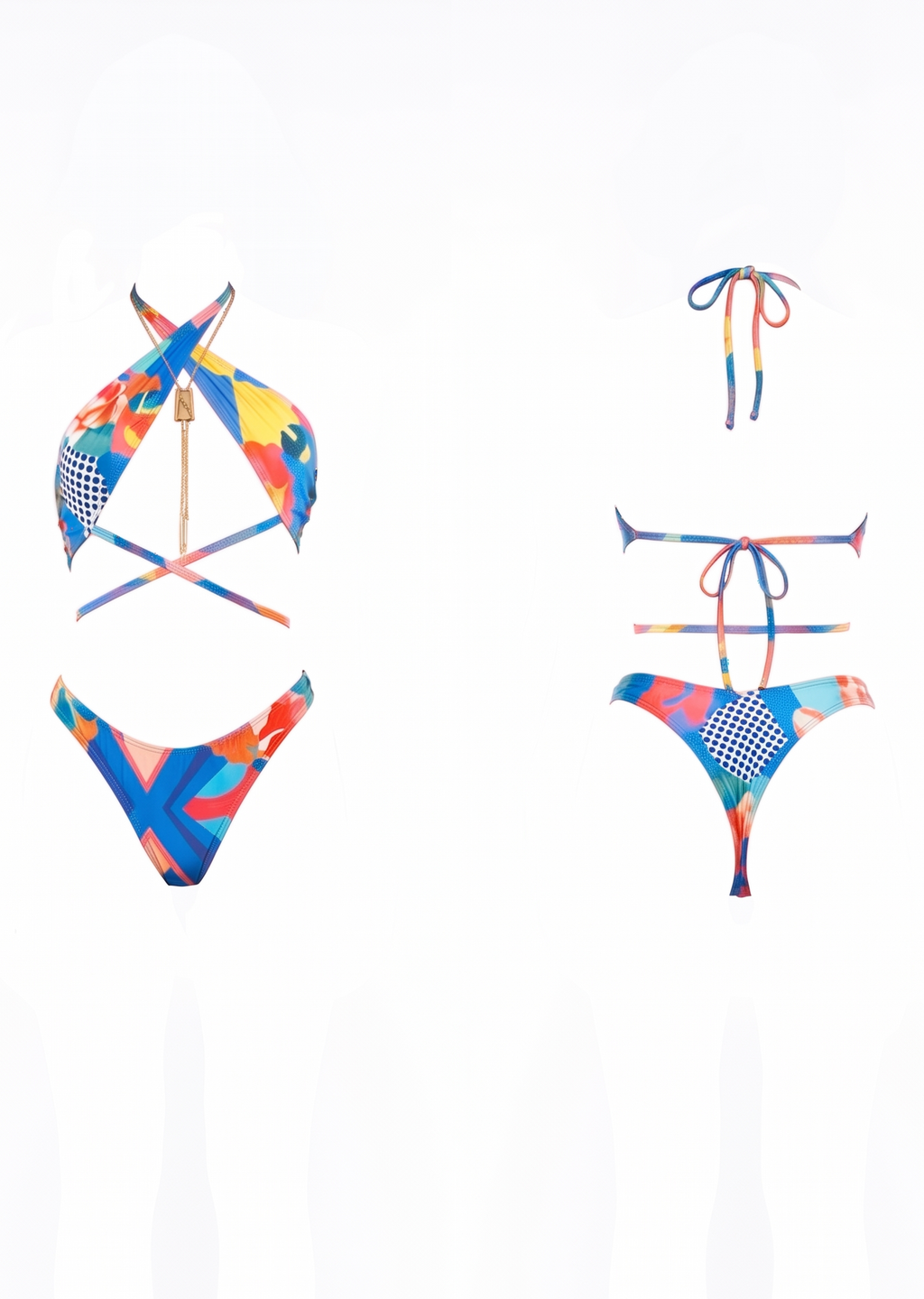 A two-piece bikini set with a colorful geometric print in blue, orange, yellow, and white, shown in two floating views against a plain white background.