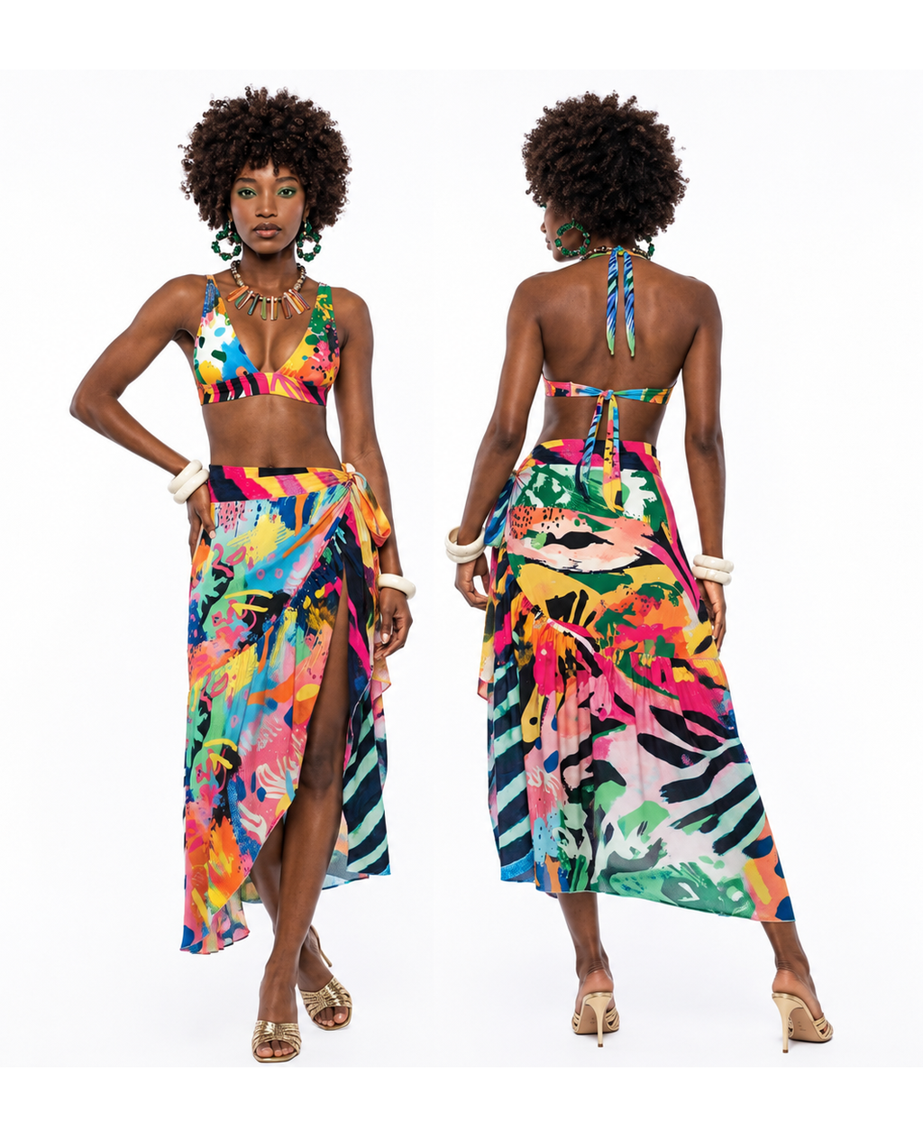 A model is shown from both the front and back wearing a vibrant, multicolored two-piece set consisting of a halter bikini top and a matching high-waisted wrap skirt with a tropical print.