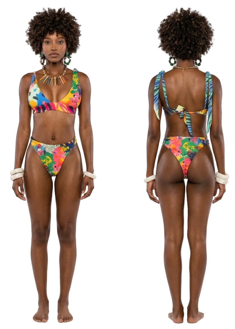 A model shown front and back wearing a colorful tie-dye bikini with blue patterned shoulder straps, against a plain white background.