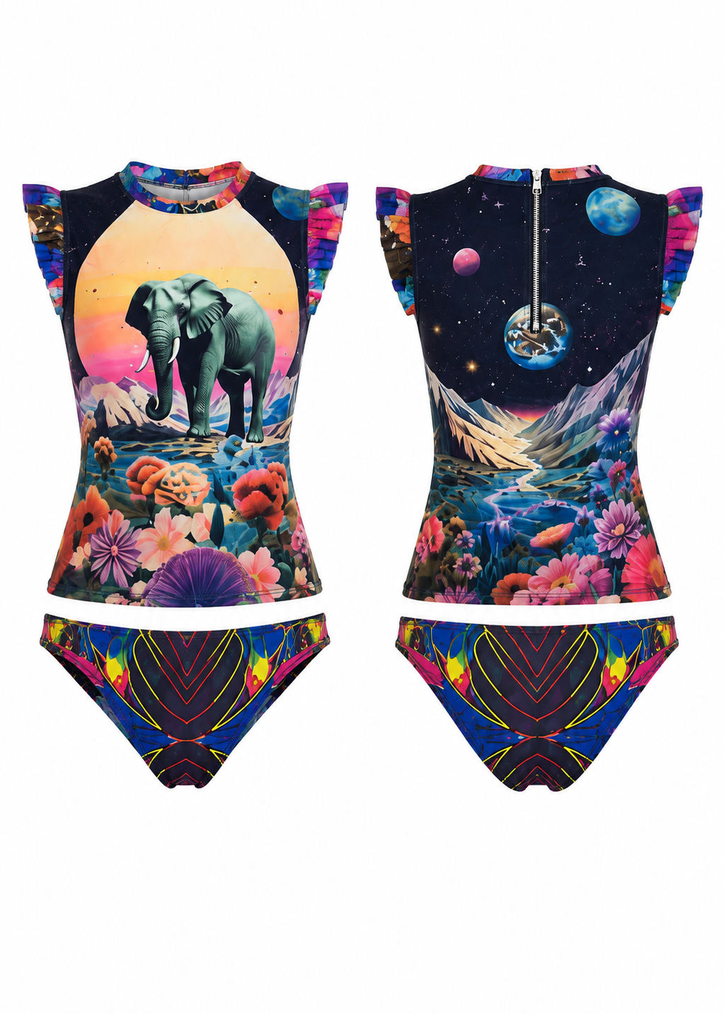 A two-piece swimsuit set shown from both front and back views, featuring a vibrant cosmic and nature-themed print with an elephant, flowers, planets, and a galaxy design.