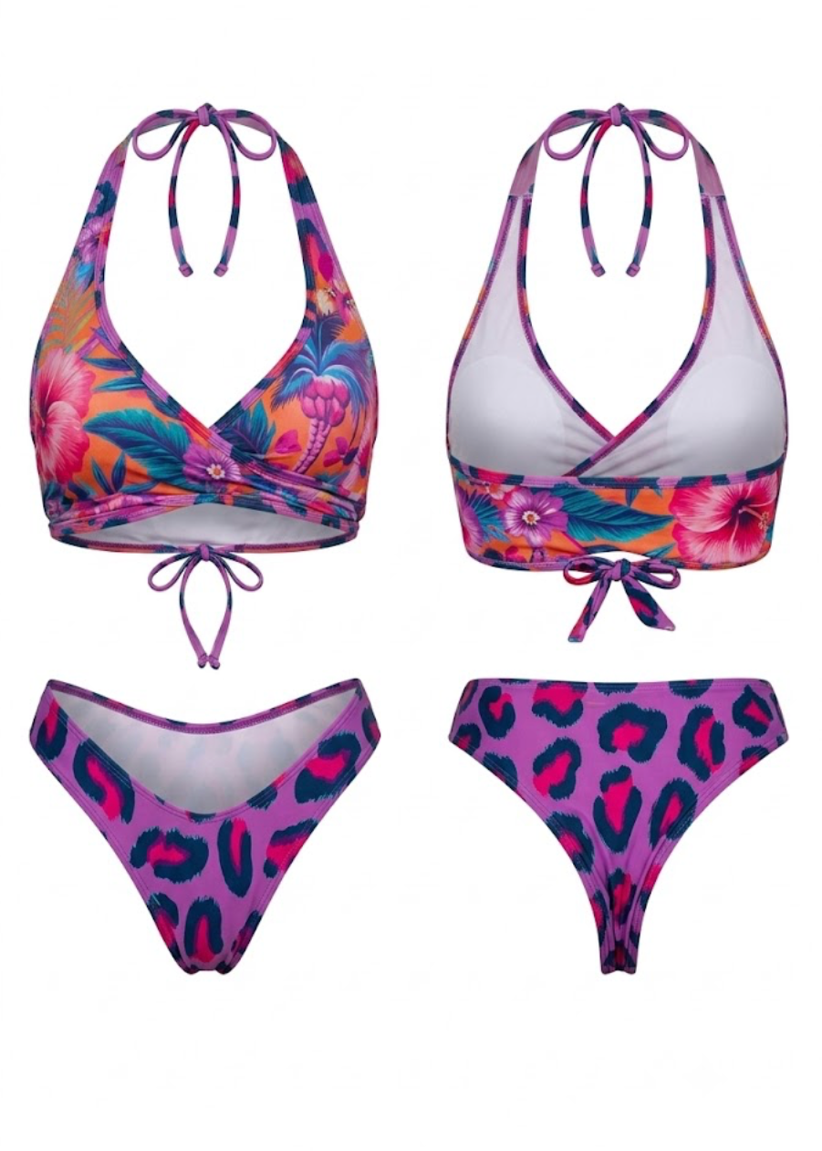 A four-piece bikini set displayed on a plain white background, featuring a halter triangle top with a colorful floral print, a matching halter top with a white front panel and floral trim, matching low-rise bikini bottoms with a purple leopard print, and a matching bottom with a pink and purple leopard print.