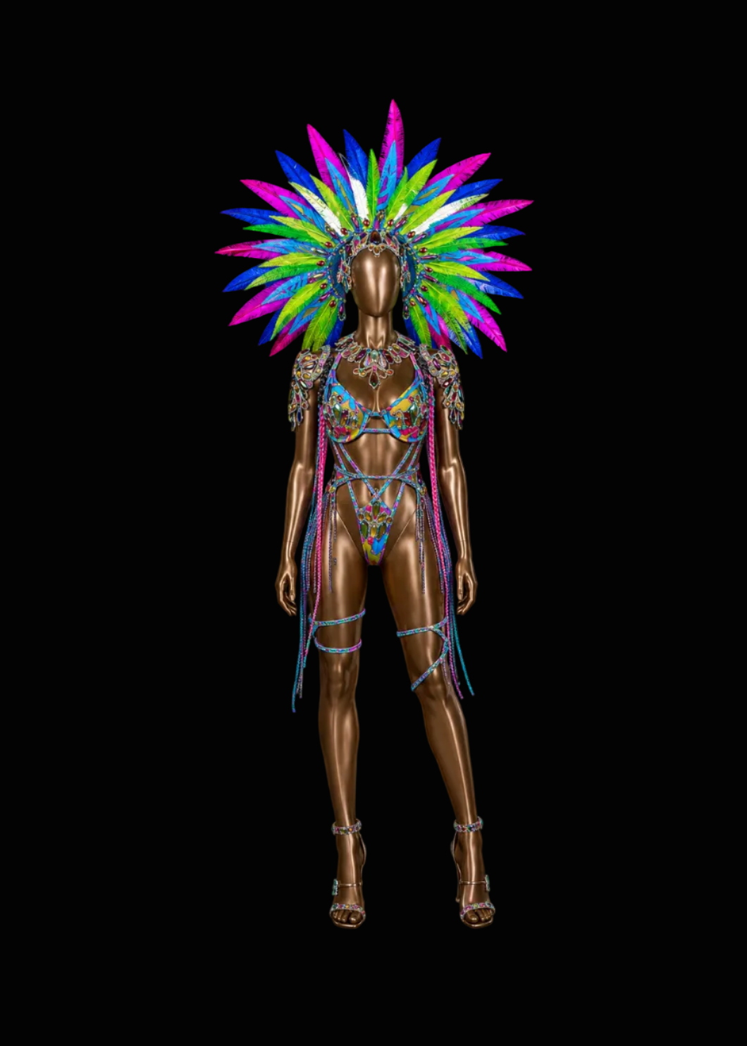 A metallic bronze mannequin wearing an elaborate carnival costume with a large multicolored feathered headdress, a jeweled bikini-style top and bodysuit, matching strappy accessories, and high-heeled sandals, photographed against a solid black background.