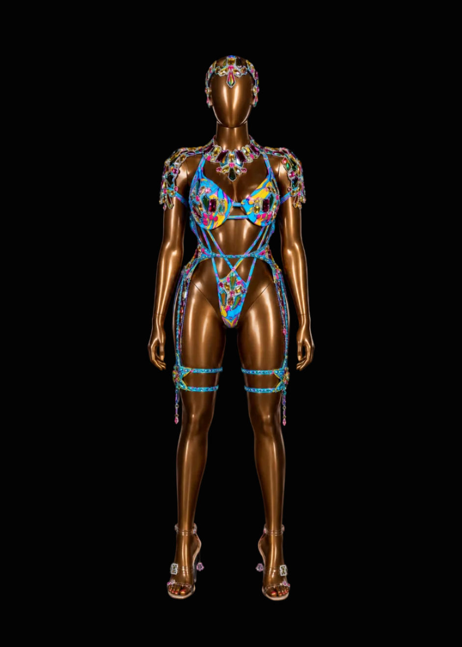 A metallic bronze mannequin wearing a highly embellished, multicolored strappy lingerie set with matching headpiece and high-heeled sandals, set against a solid black background.