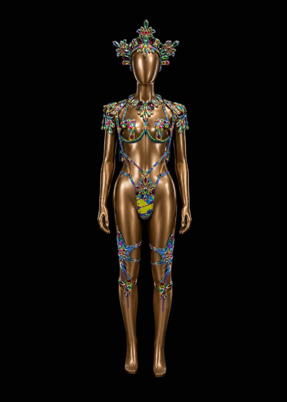 A metallic gold mannequin wearing an ornate multicolored jeweled body harness and matching headpiece, photographed against a solid black background.