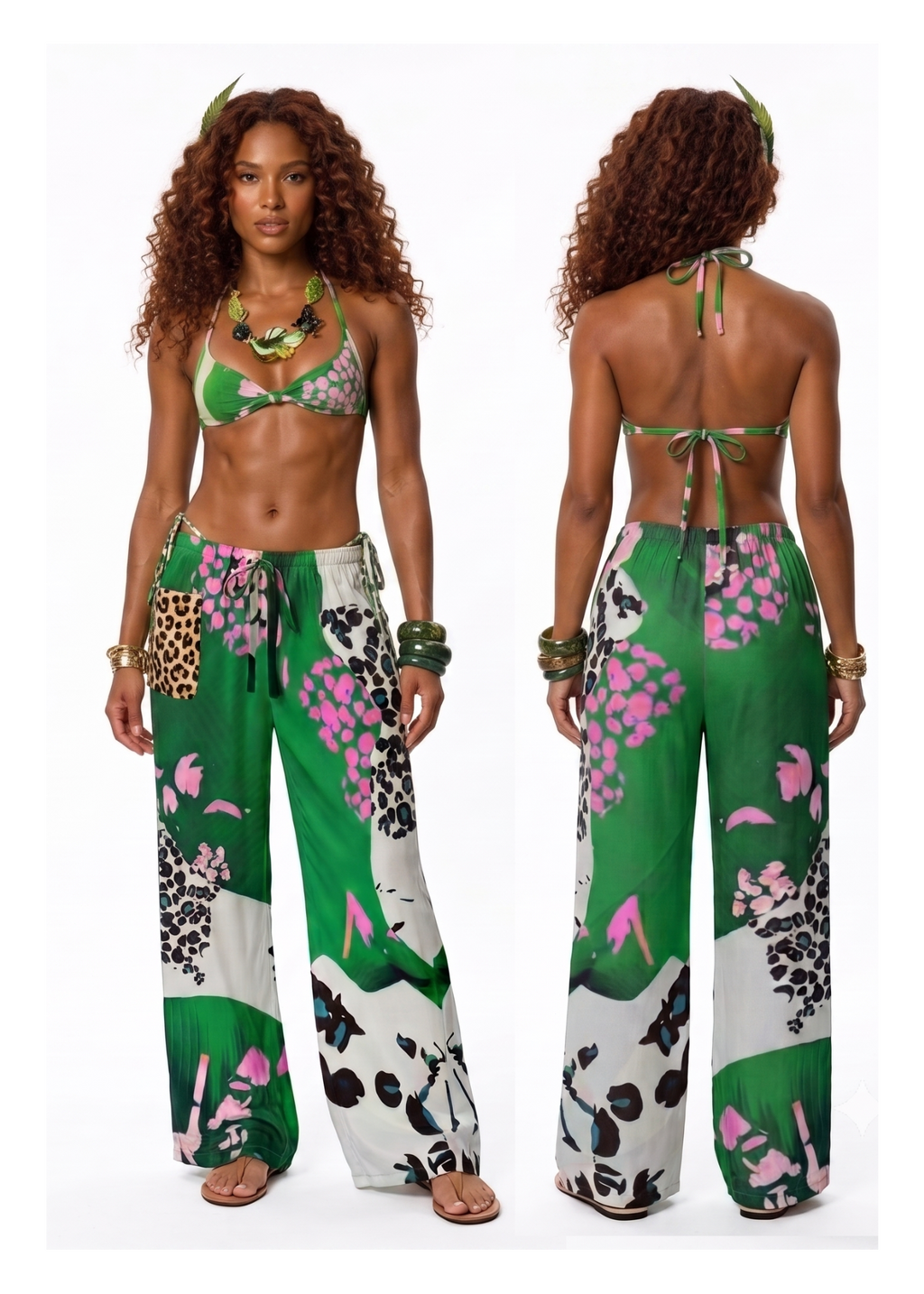 A model shown from the front and back wearing a green halter bikini top and matching wide-leg pants with a bold floral, leopard-print, and white graphic pattern.