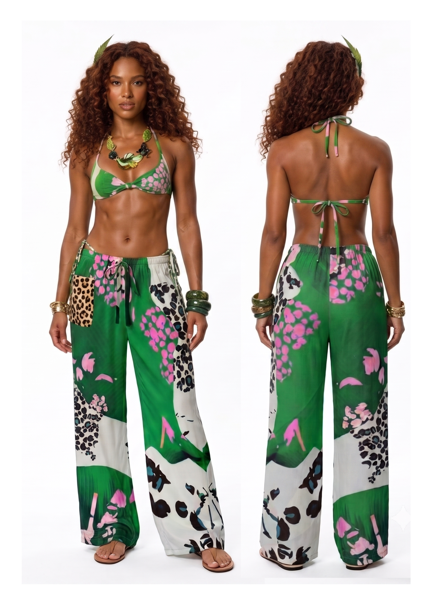 A model shown from the front and back wearing a green halter bikini top and matching wide-leg pants with a bold floral, leopard-print, and white graphic pattern.