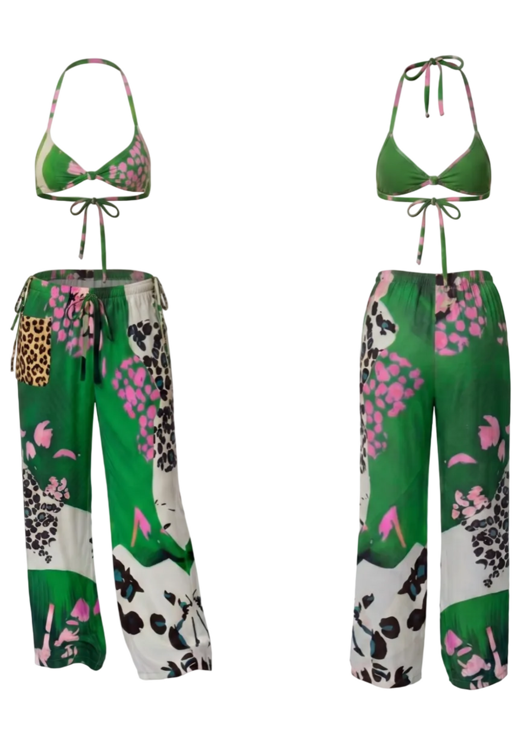 A two-piece bikini set and matching wide-leg pants displayed on invisible mannequins against a white background. The set features a vibrant green base with pink floral patterns, leopard print panels, and white sections with black accents.