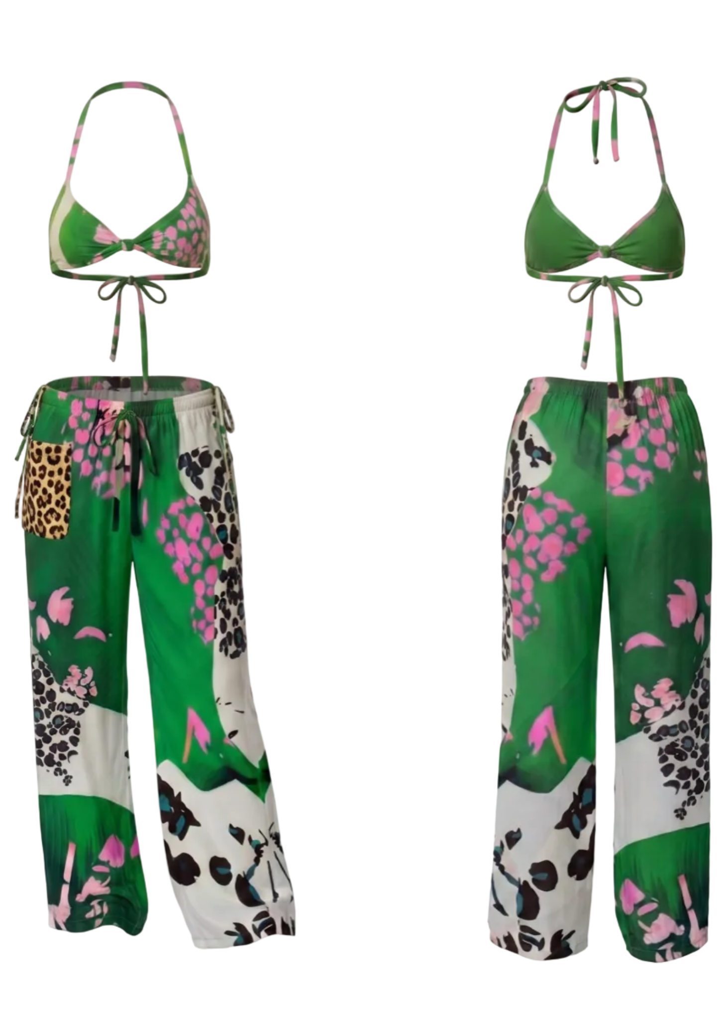 A two-piece bikini set and matching wide-leg pants displayed on invisible mannequins against a white background. The set features a vibrant green base with pink floral patterns, leopard print panels, and white sections with black accents.