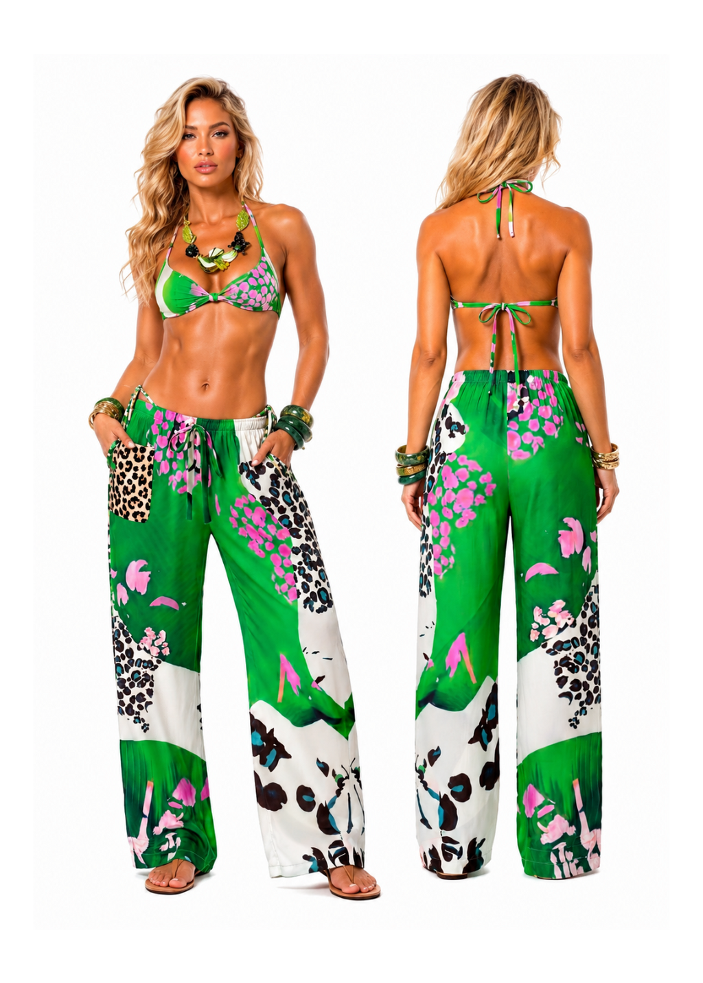 A model is shown from the front and back wearing a matching two-piece swimsuit and wide-leg pants set. The set features a vibrant green base with pink floral prints, leopard spots, and white panels.