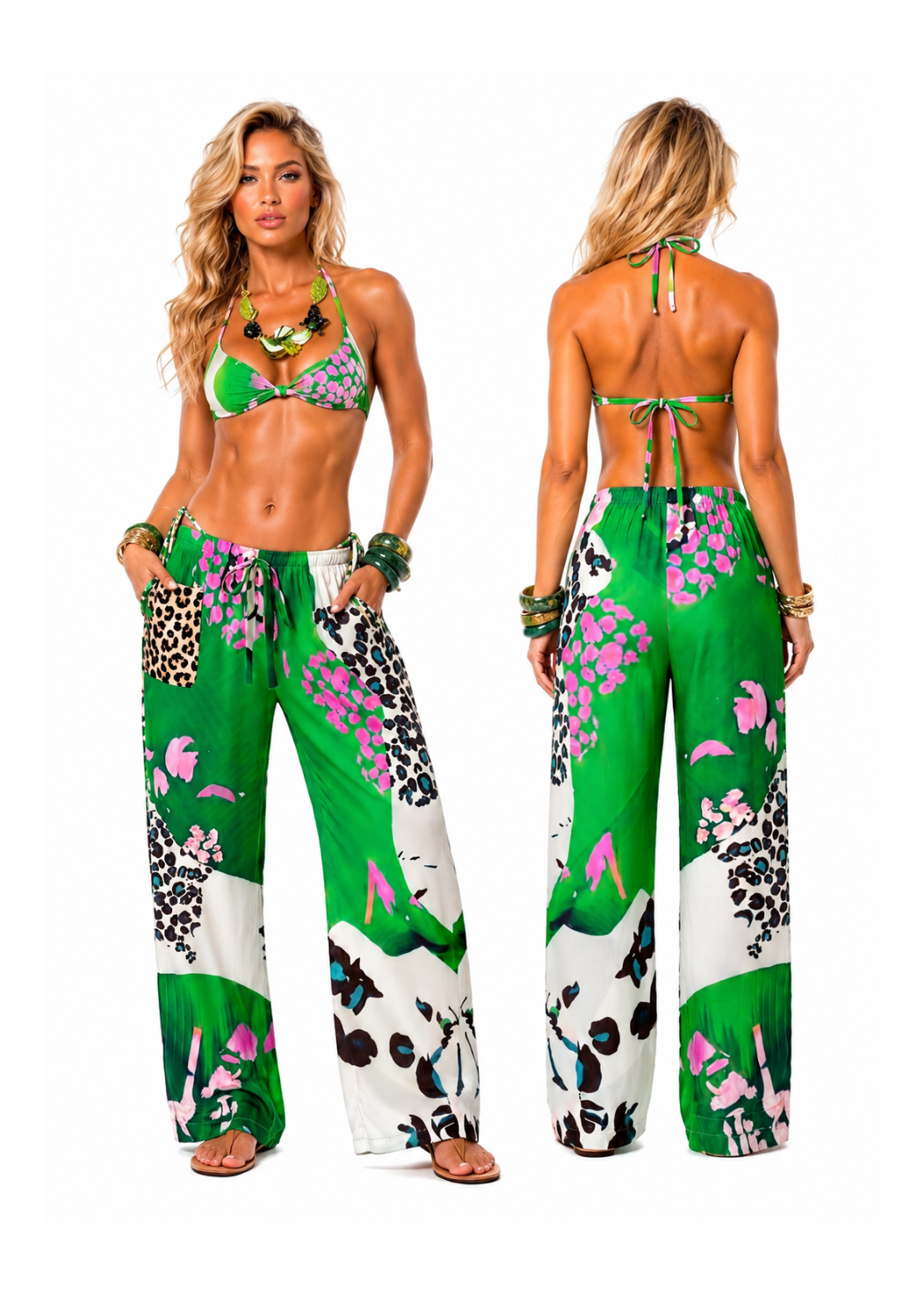 A model is shown from the front and back wearing a matching two-piece swimsuit and wide-leg pants set. The set features a vibrant green base with pink floral prints, leopard spots, and white panels.
