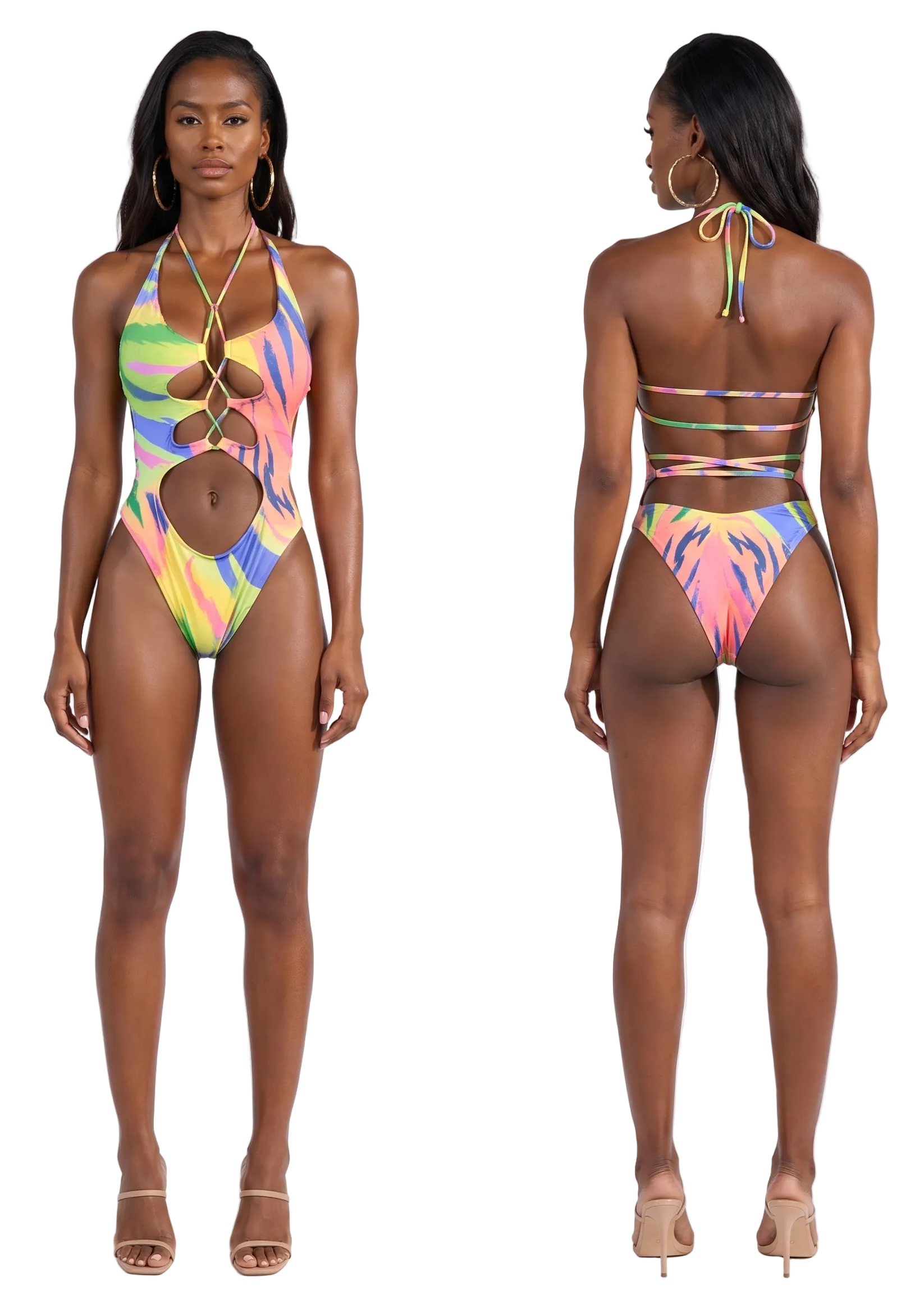 A model is shown from the front and back wearing a vibrant, multicolored tie-dye one-piece swimsuit with cutouts and strappy details, set against a plain light gray studio background.