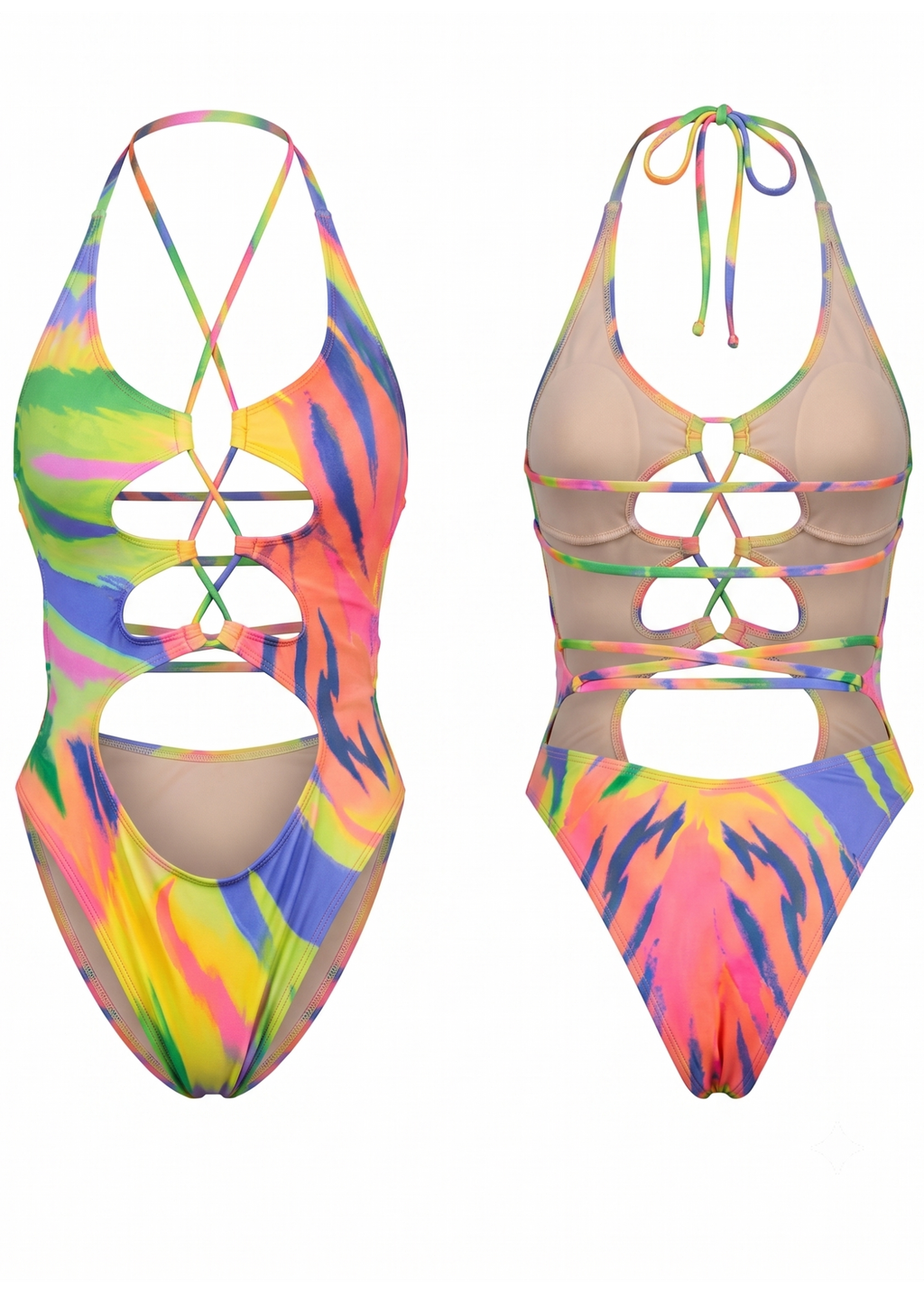 A two-piece swimsuit set shown from both front and back views, featuring a vibrant neon tie-dye pattern with pink, orange, yellow, green, and blue stripes, paired with sheer mesh panels and strappy lace-up details.